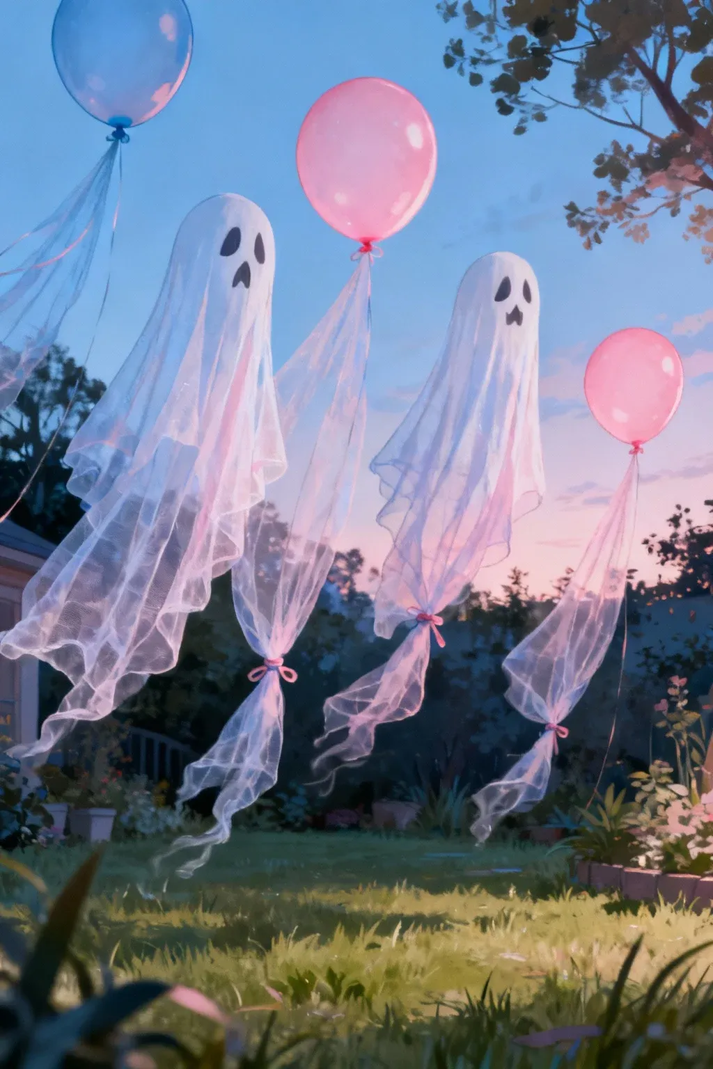 Delicate tulle ghosts fluttering in the wind in a garden.