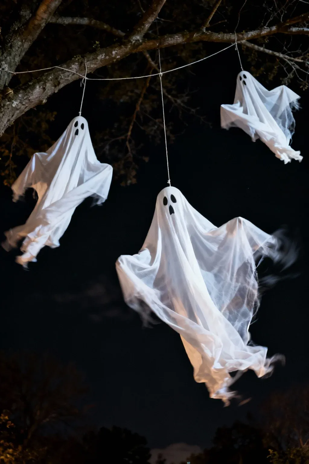Ghosts hanging from tree branches swaying in the wind.