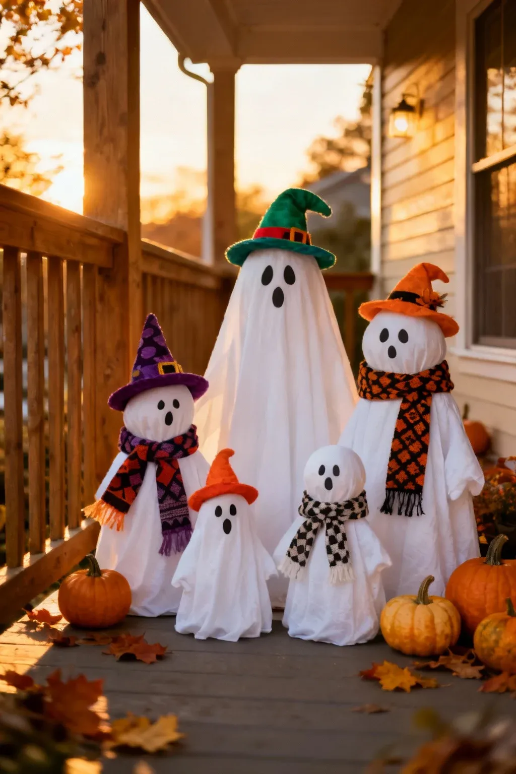 A ghost family display with various sizes and accessories on a porch.