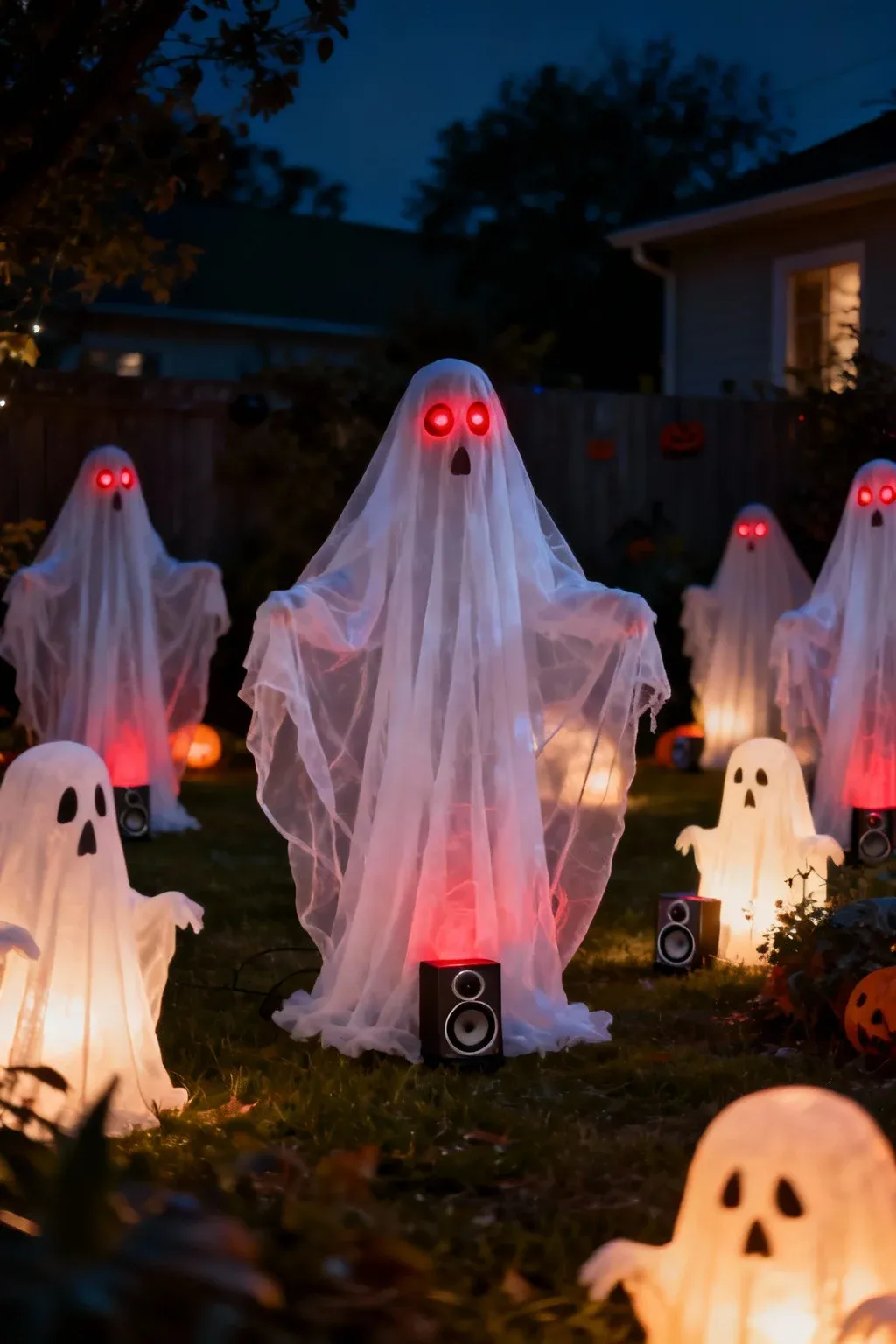 Ghost decorations with hidden speakers creating spooky sounds.