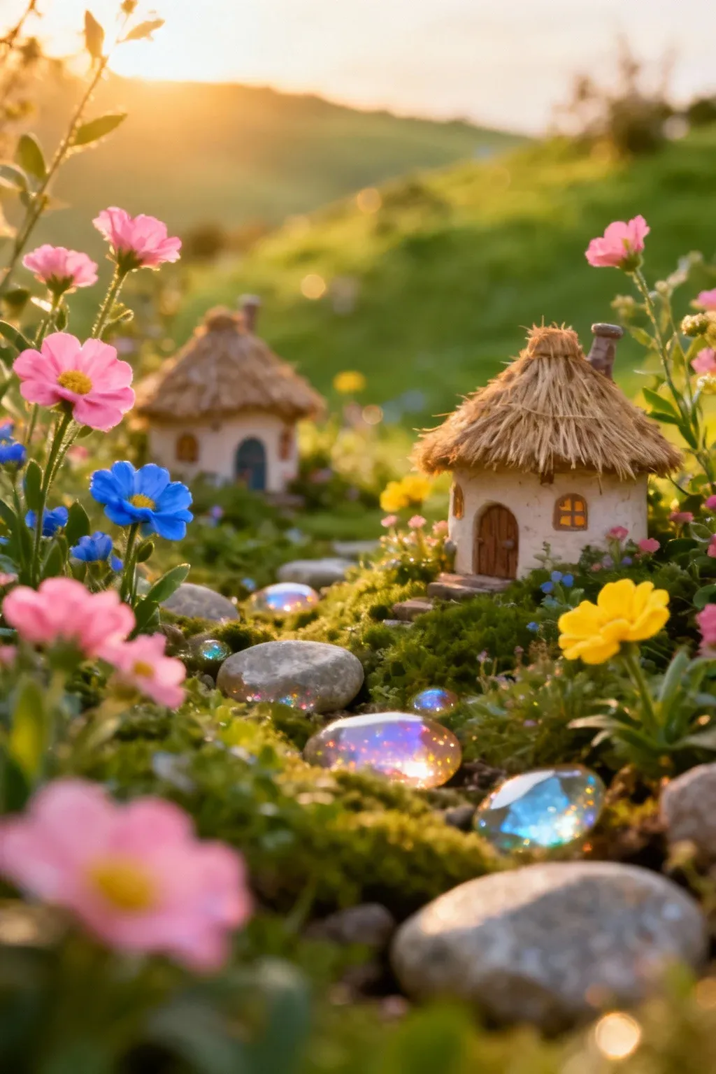 A charming fairy garden with tiny houses and colorful flowers.
