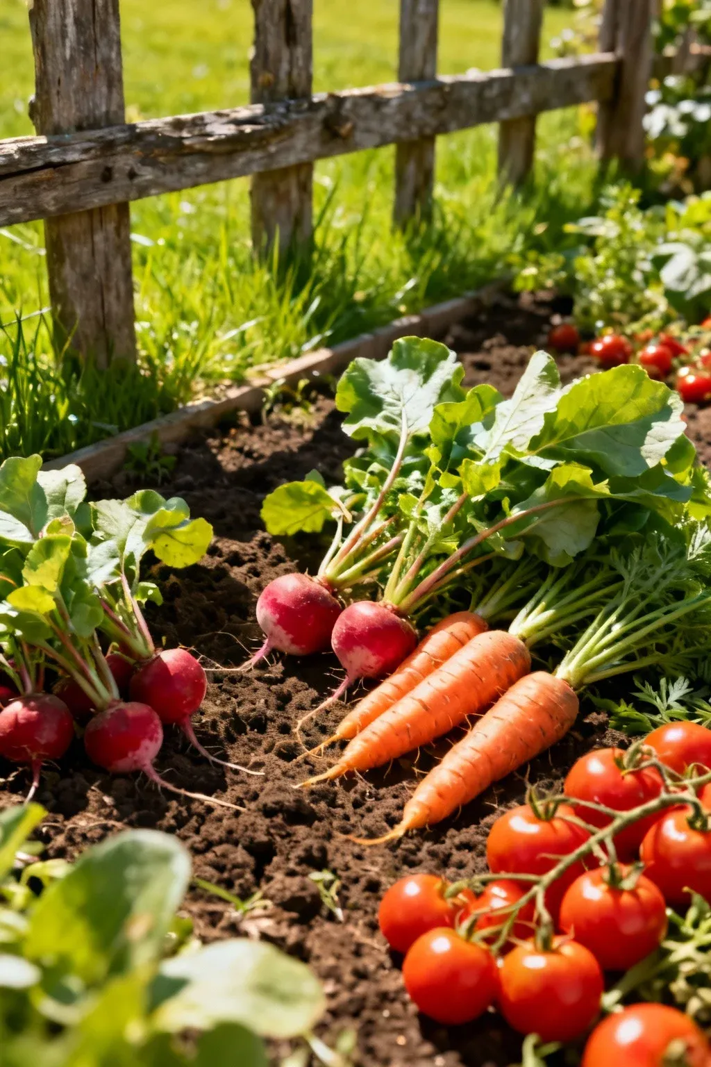 A colorful vegetable patch with radishes, carrots, and tomatoes.