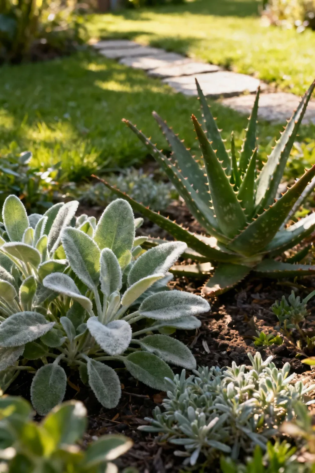 A sensory garden with diverse plants and textures.