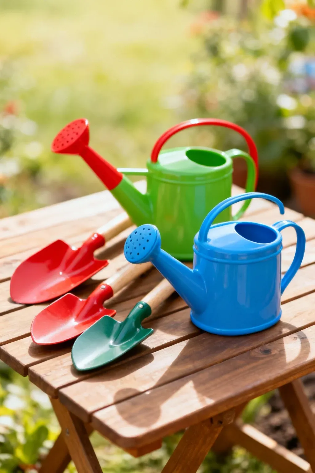 A set of colorful kid-sized gardening tools on a table.