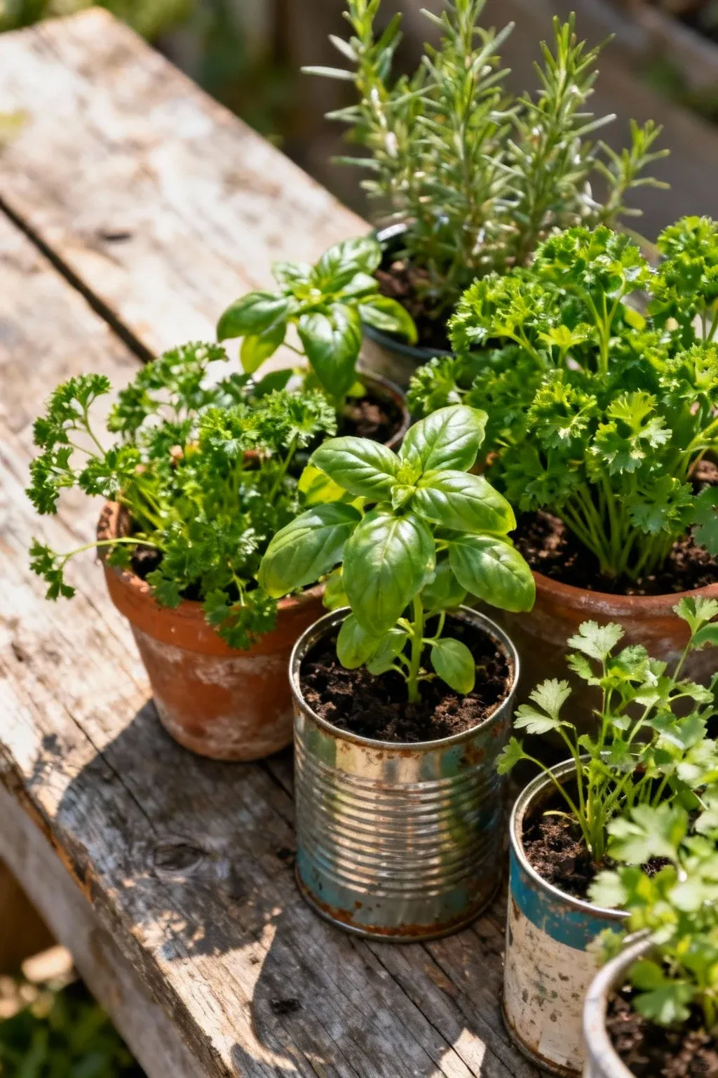 A vibrant herb garden in recycled containers.