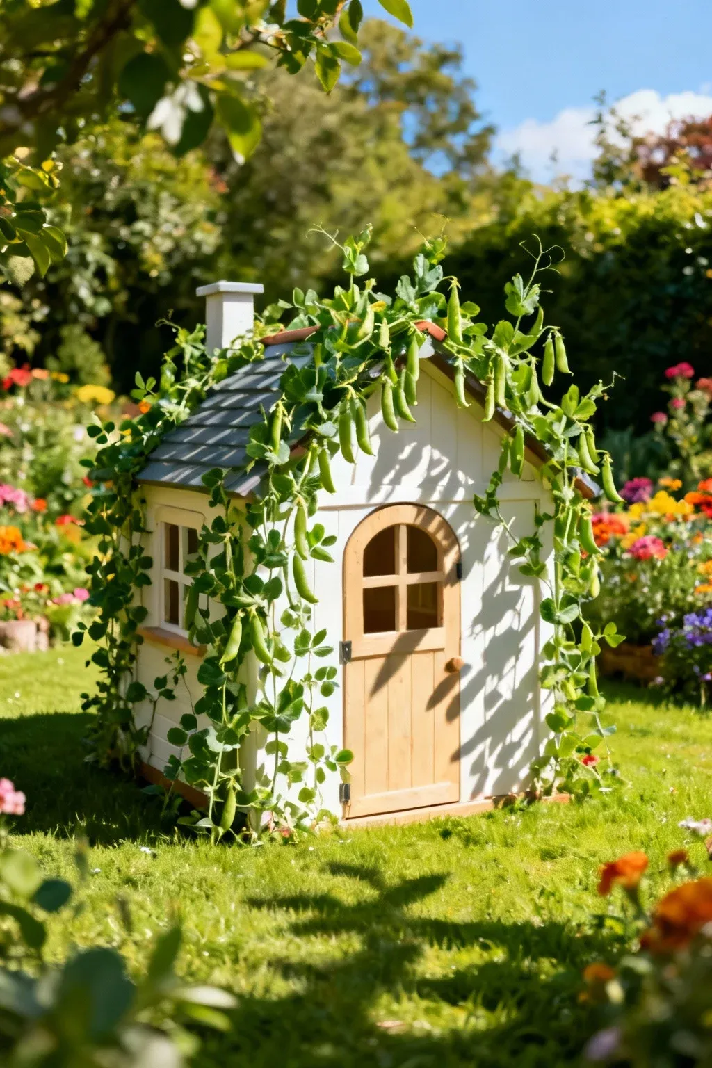 A delightful garden playhouse adorned with climbing plants.