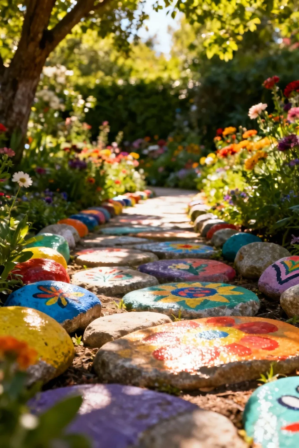 A vibrant pathway made of colorful painted stones.