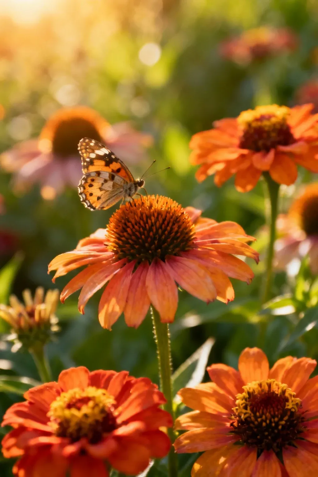 A colorful butterfly garden with blooming flowers.