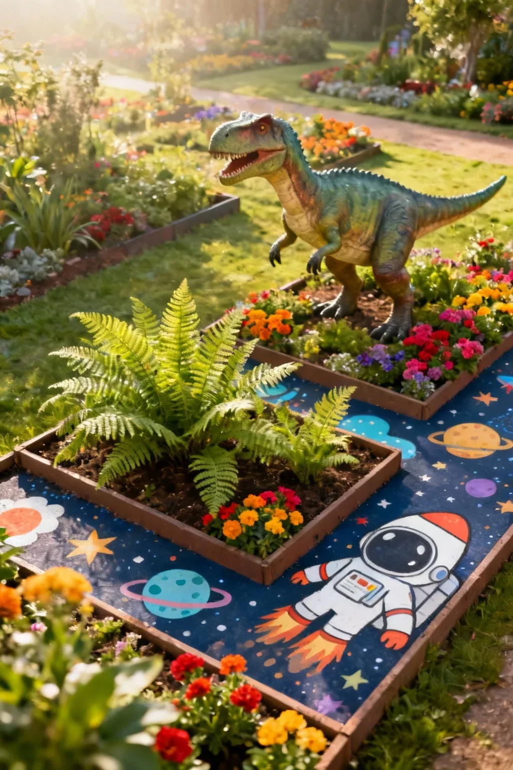 Themed garden beds with dinosaur and space decorations.