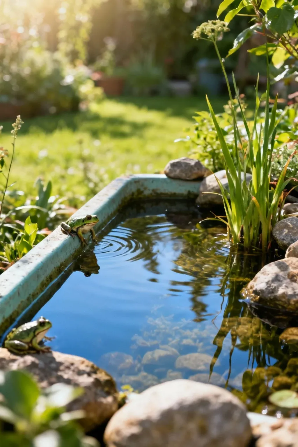 A garden trough filled with water, inviting frogs.