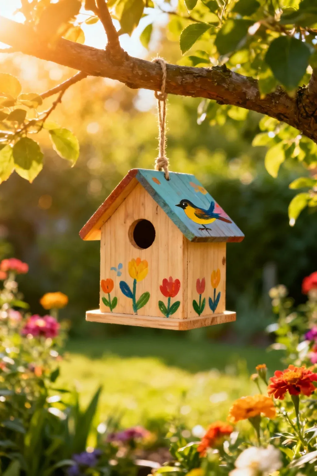 A colorful birdhouse hanging in a vibrant garden.