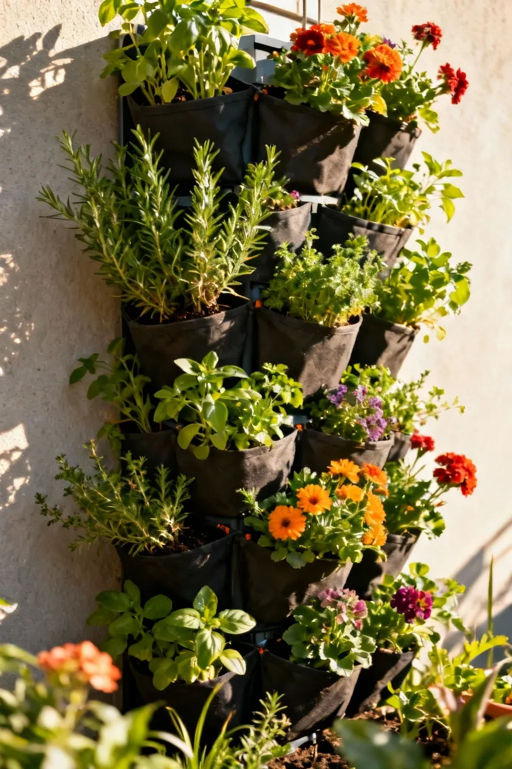 A vertical garden with colorful pocket planters.