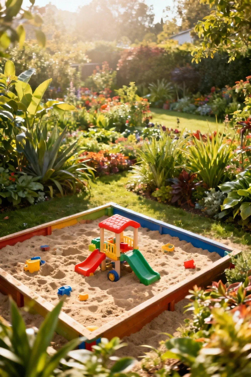 A playful garden area with a sandbox and surrounding plants.