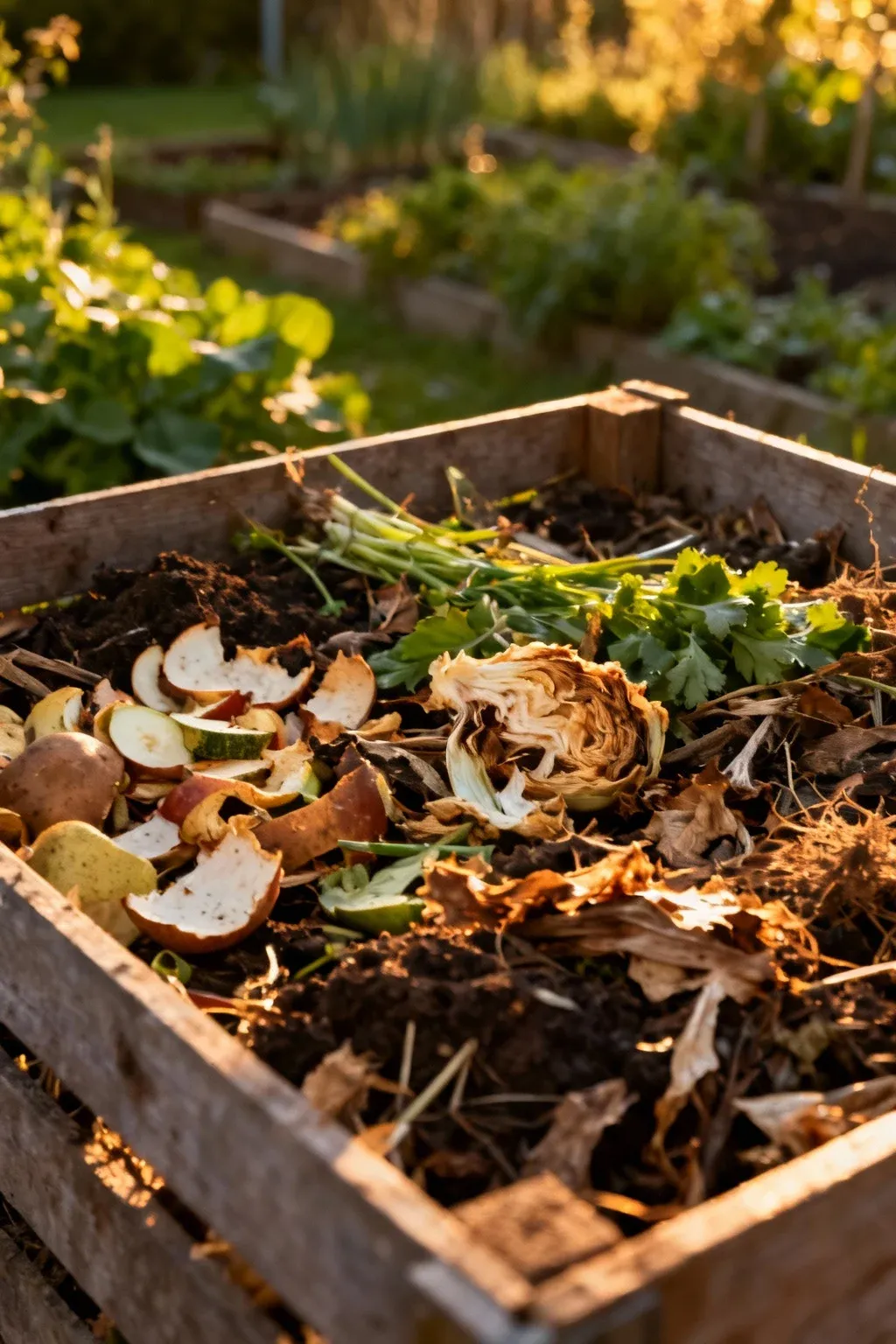 A compost bin filled with organic materials in a garden.
