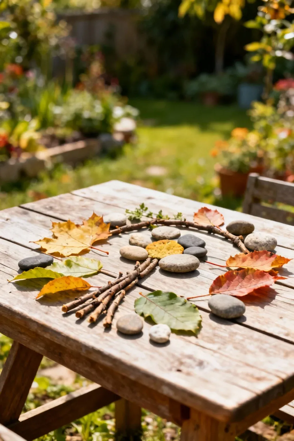 A creative garden art station with natural materials.