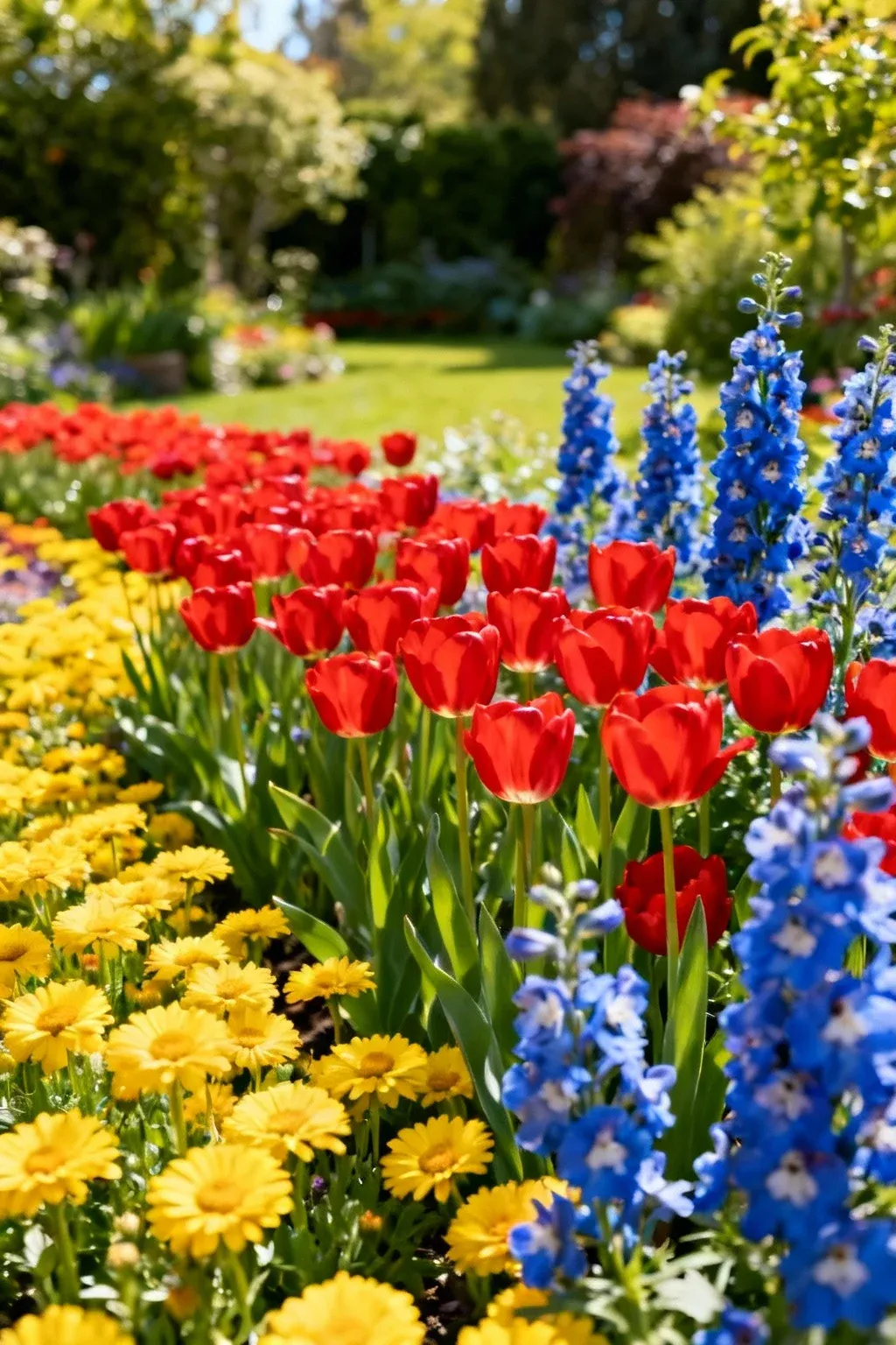 A vibrant rainbow garden filled with colorful flowers.
