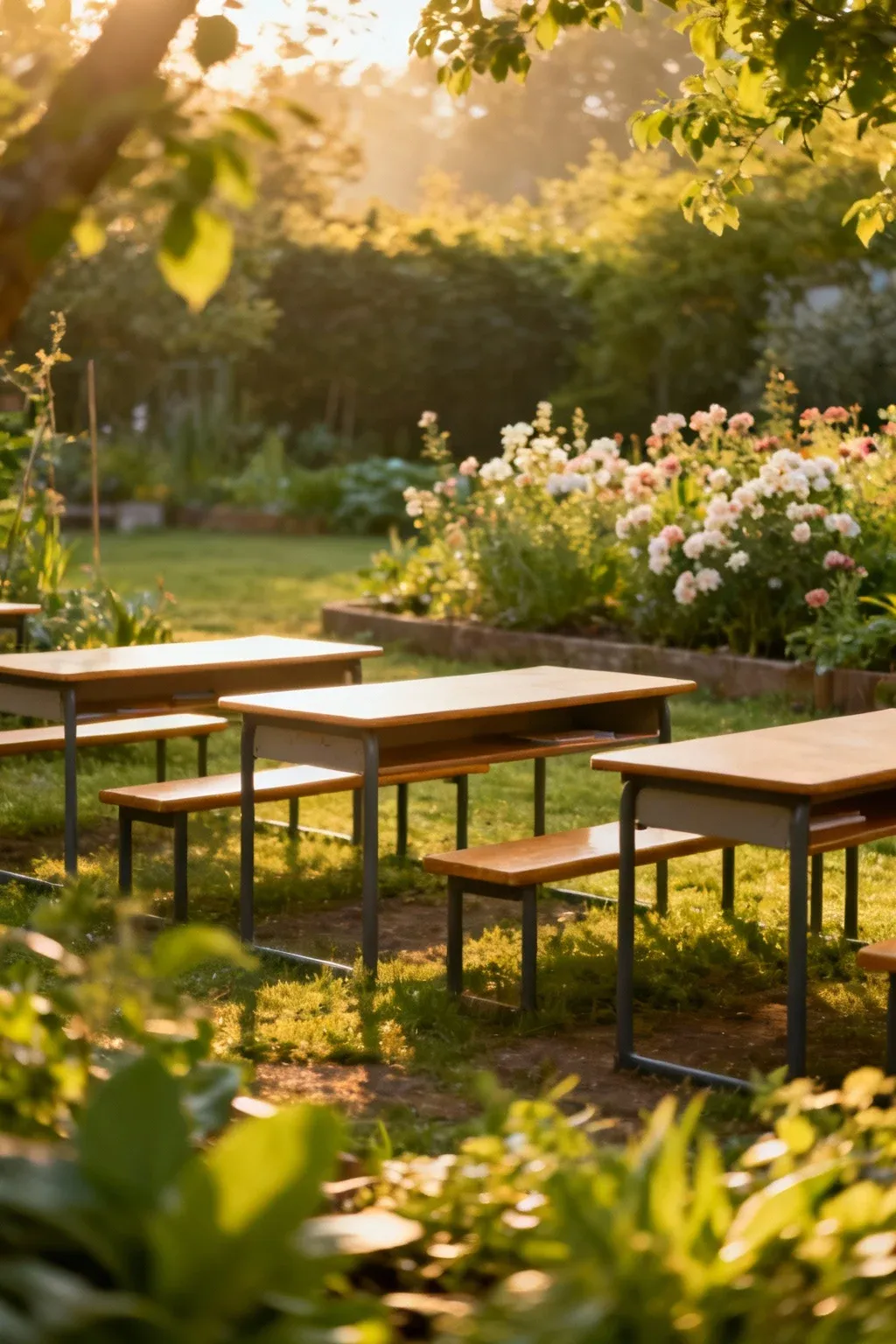 An outdoor classroom space in a lush garden setting.