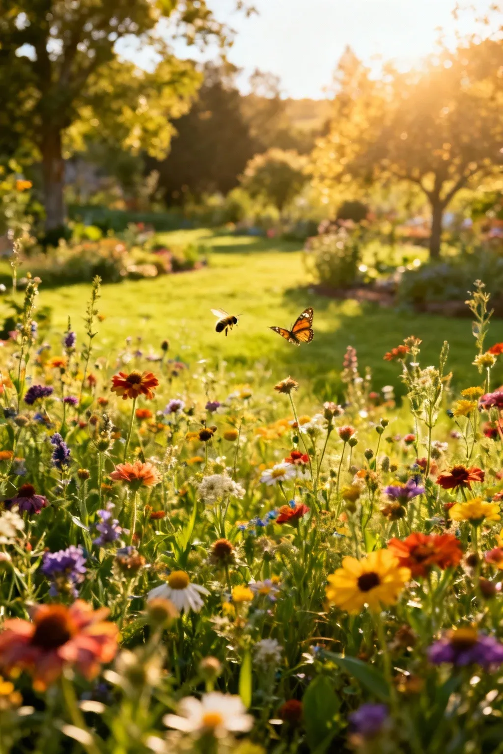 A vibrant wildflower meadow attracting pollinators.
