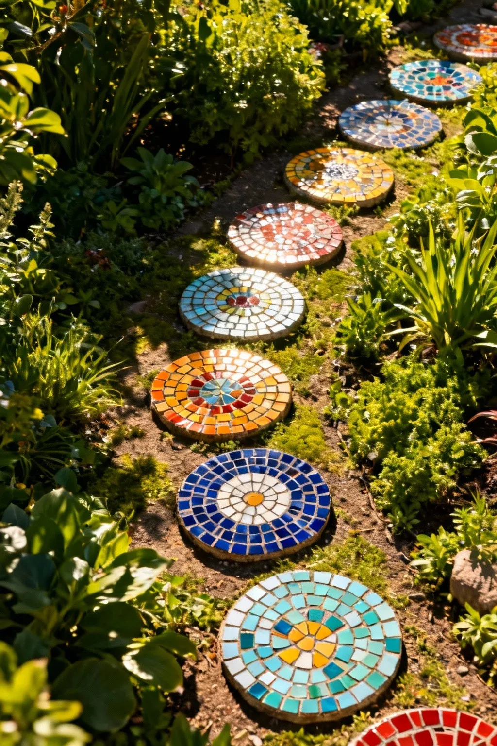 A decorative path made of colorful mosaic stepping stones.
