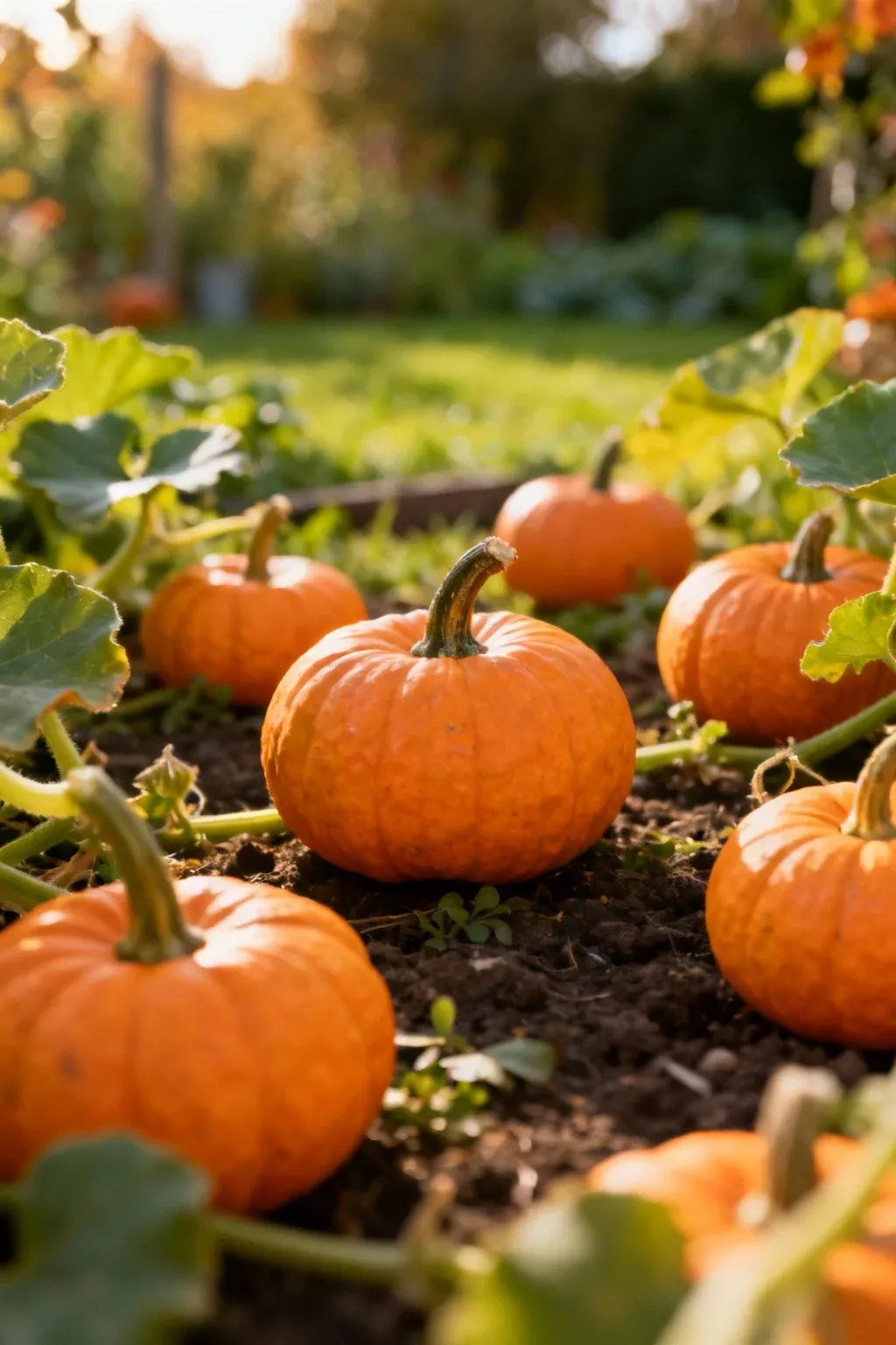 A small pumpkin patch with vibrant pumpkins growing.