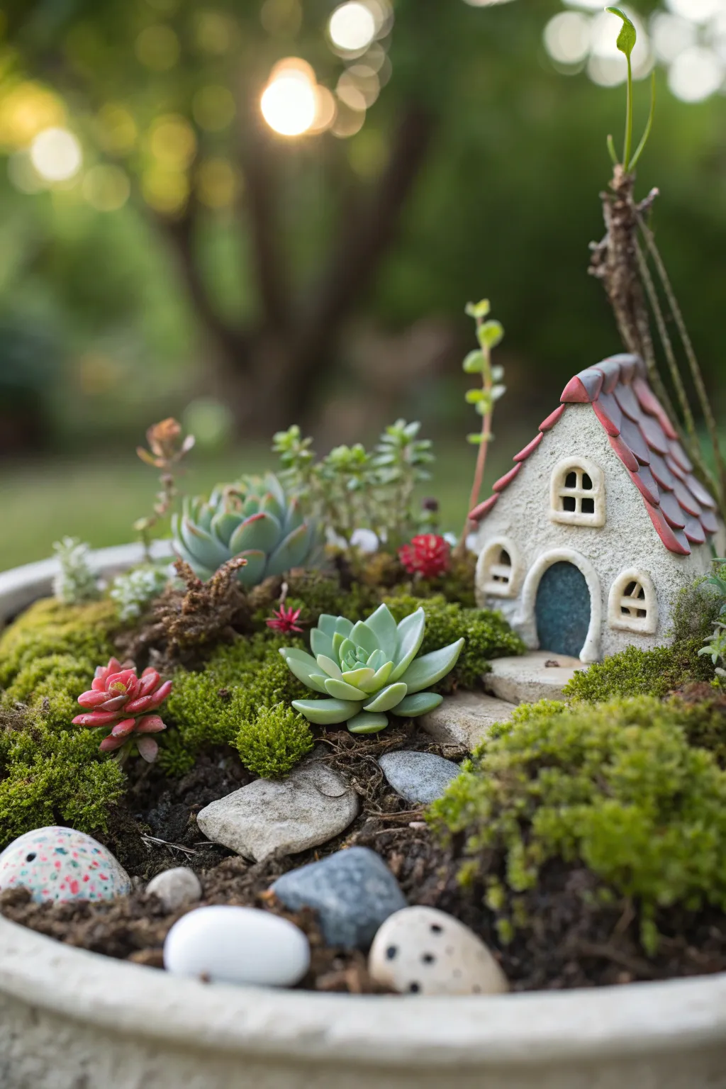A vibrant miniature fairy garden with tiny plants and pebbles in soft natural light.