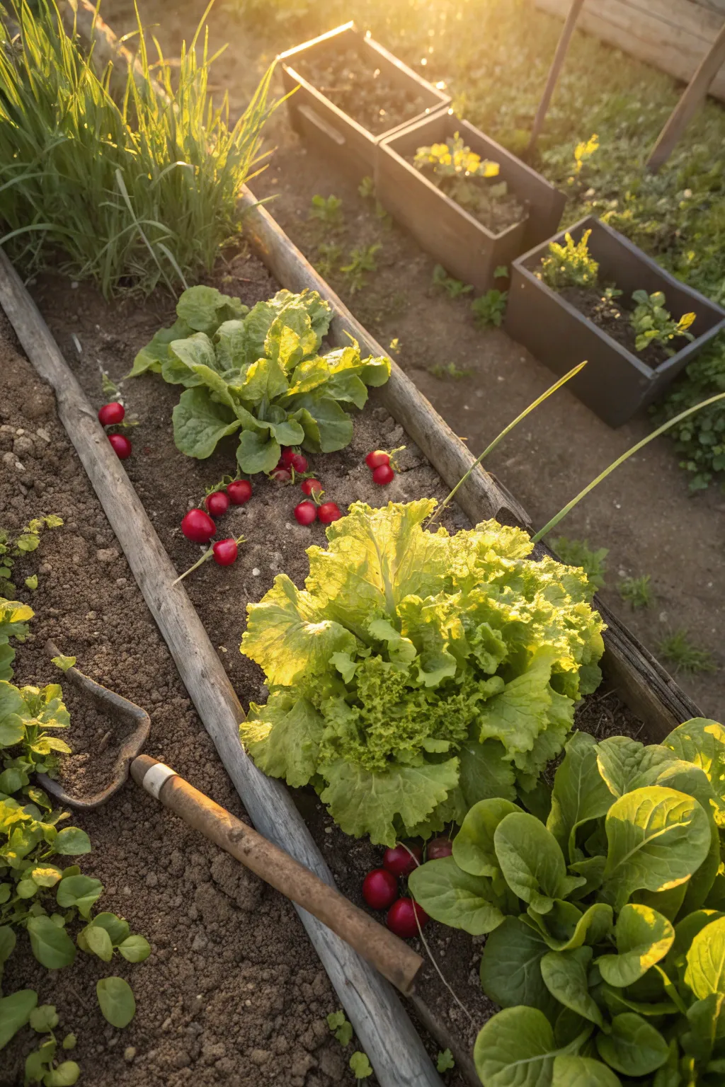 A colorful vegetable patch with lettuce and radishes illuminated by golden hour light.