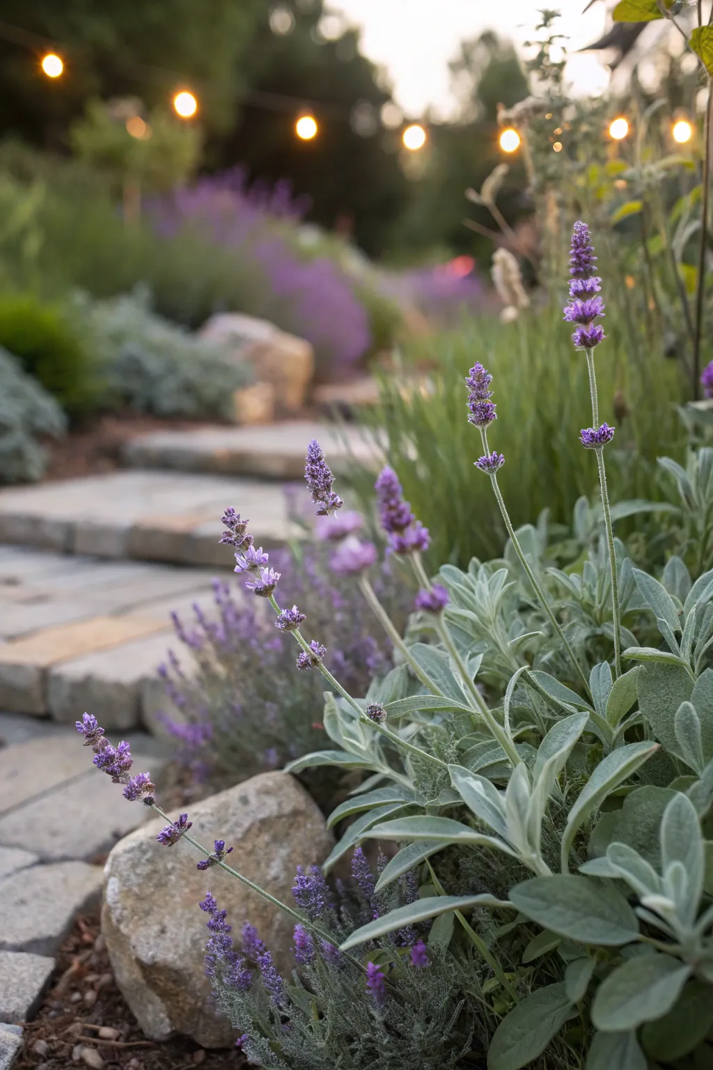 A close-up of a sensory garden with lavender and lamb's ear plants in soft lighting.