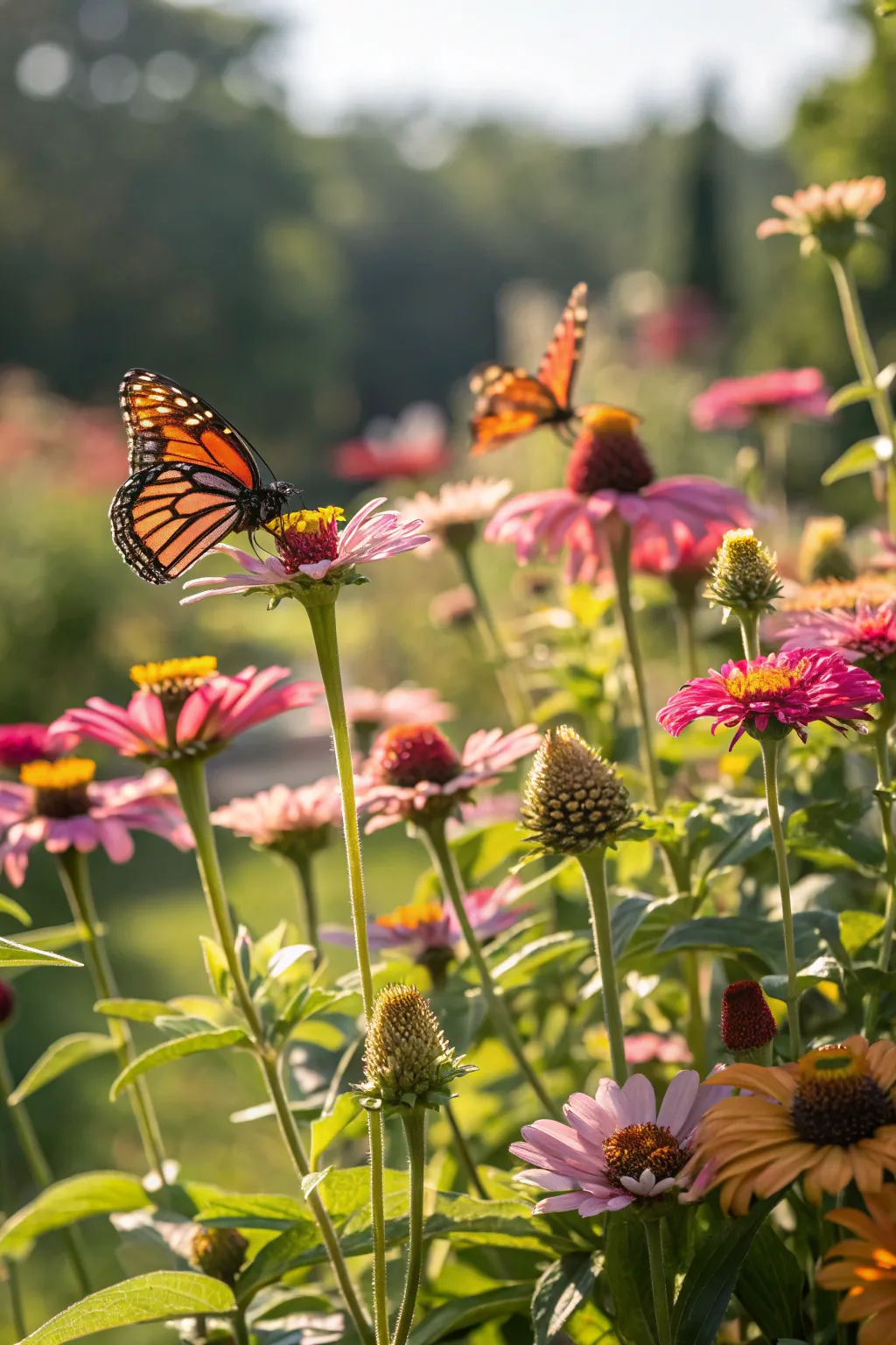 A colorful butterfly garden with nectar-rich flowers attracting butterflies in sunlight.