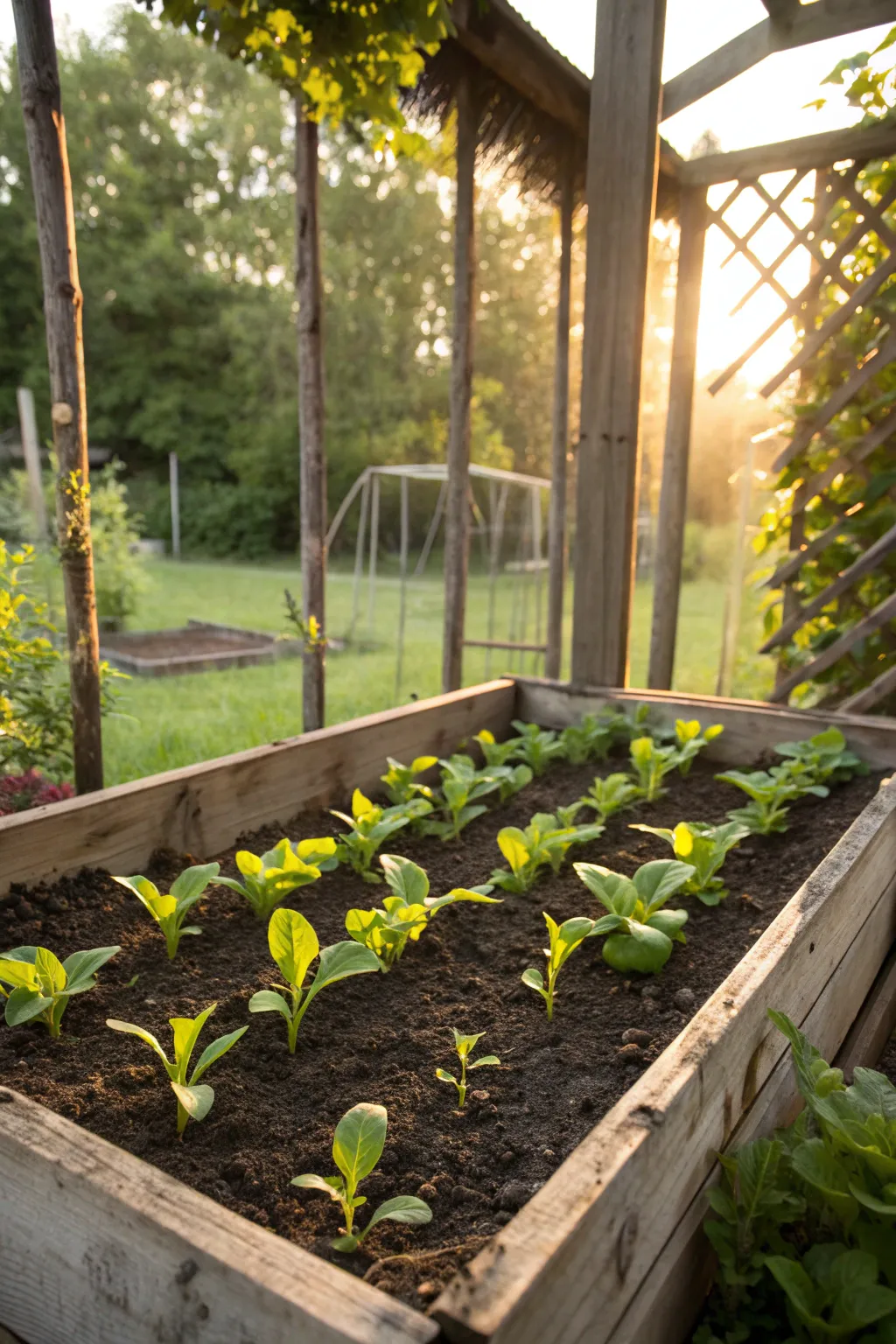 A low-angle view of a kid-sized planting bed filled with young plants in morning light.