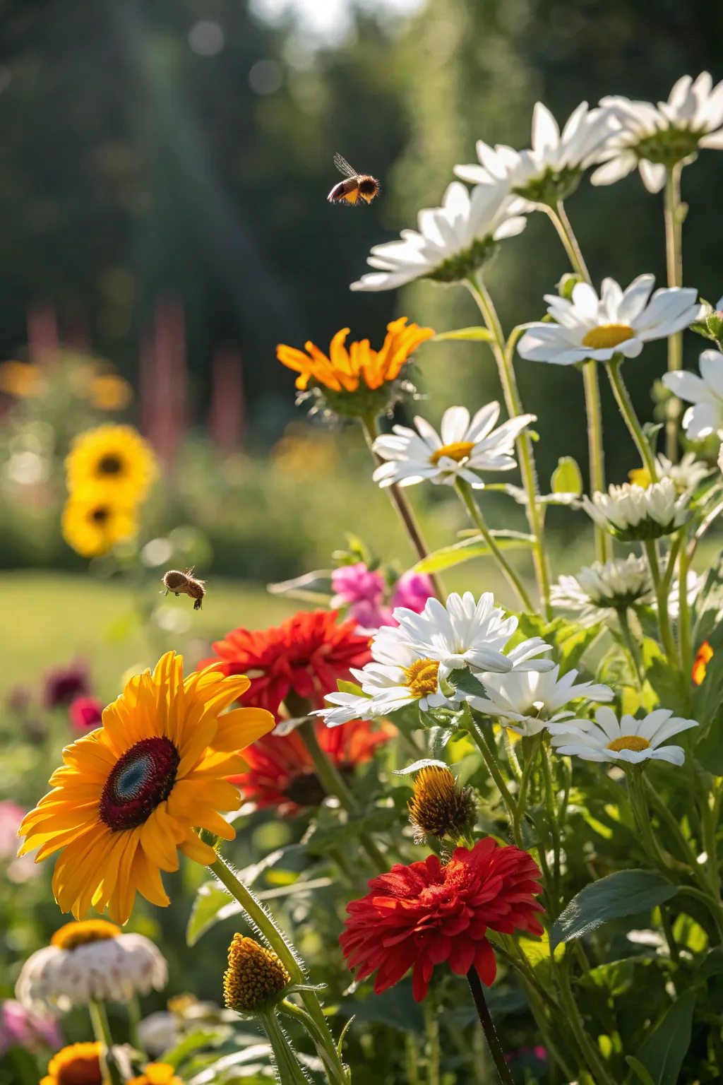 A vibrant flower garden filled with colorful blooms attracting pollinators in bright sunlight.