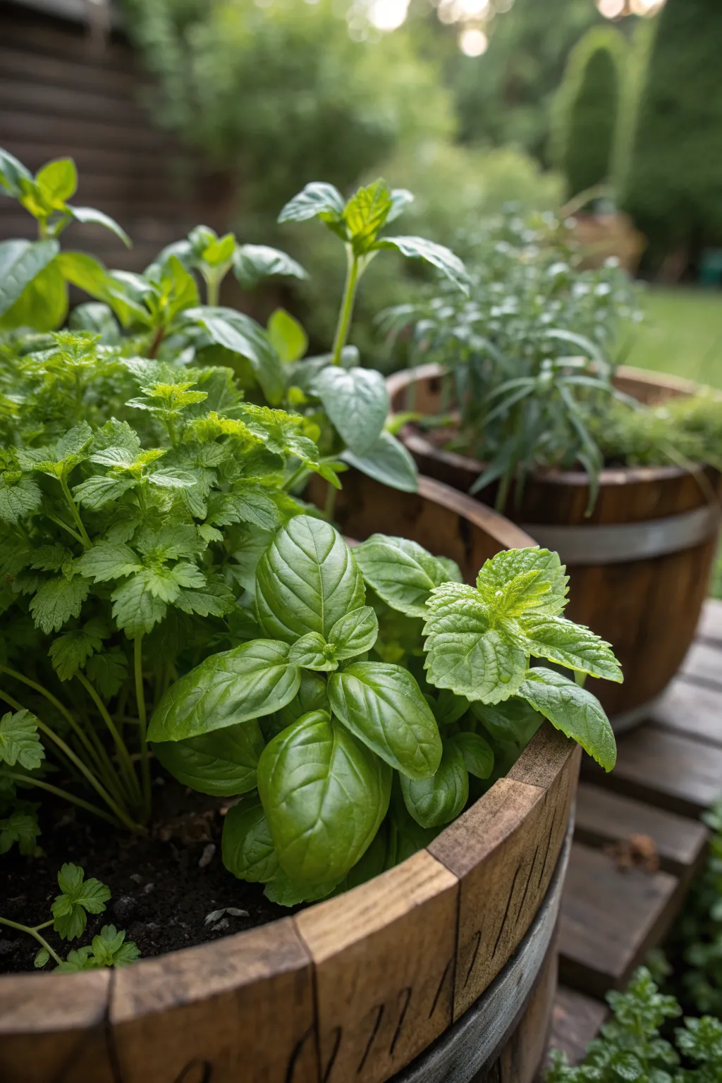 A close-up of a lush herb garden with basil, mint, and parsley in soft lighting.