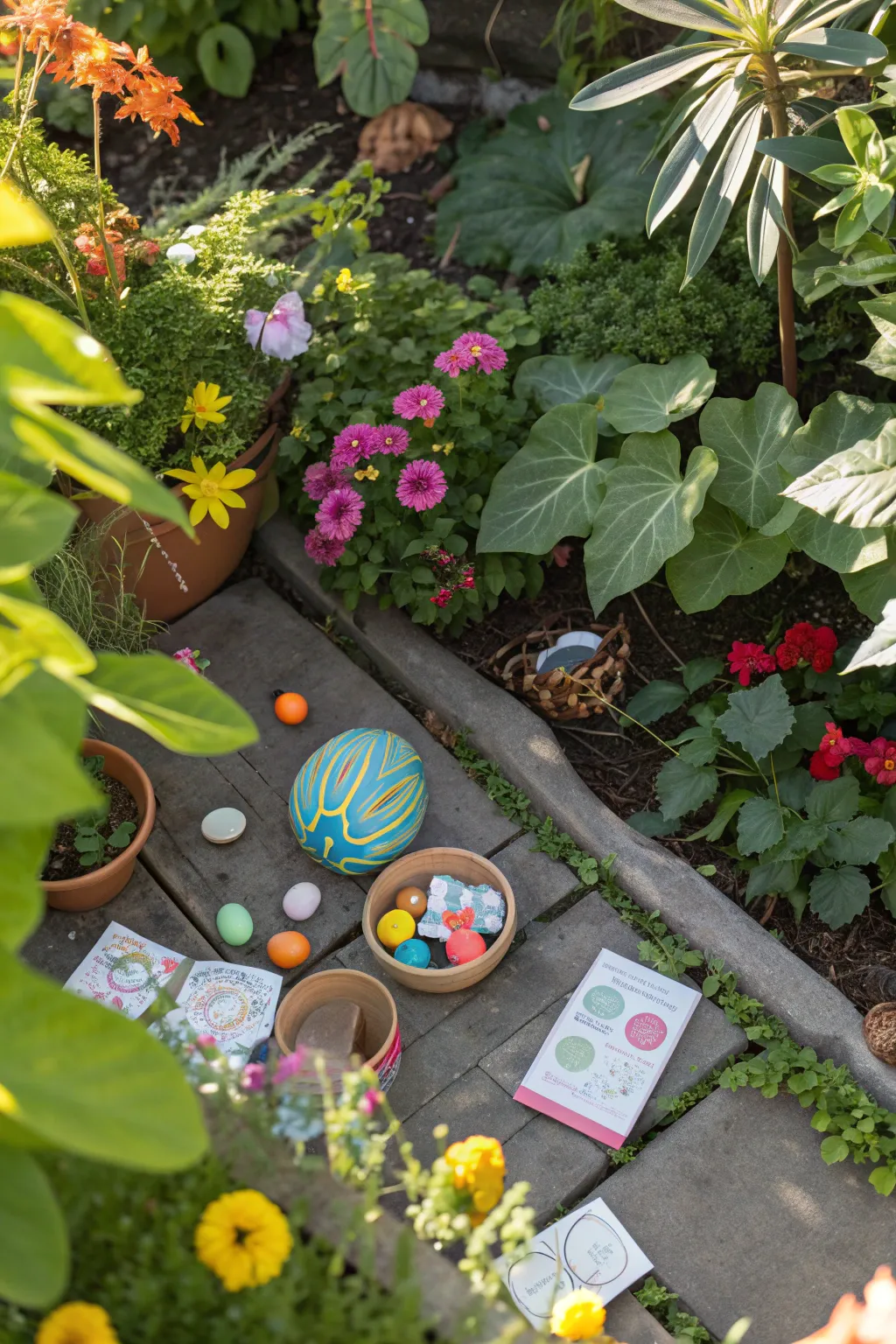 A colorful garden scene set for a scavenger hunt with various plants and flowers.
