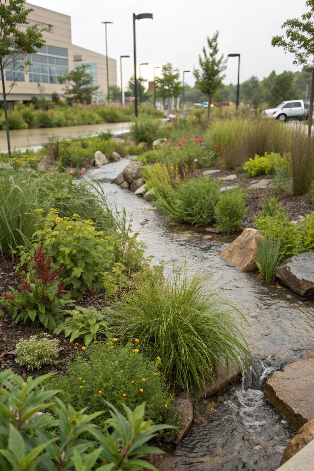 A rain garden with native plants thriving in a wet area, illuminated by natural light.