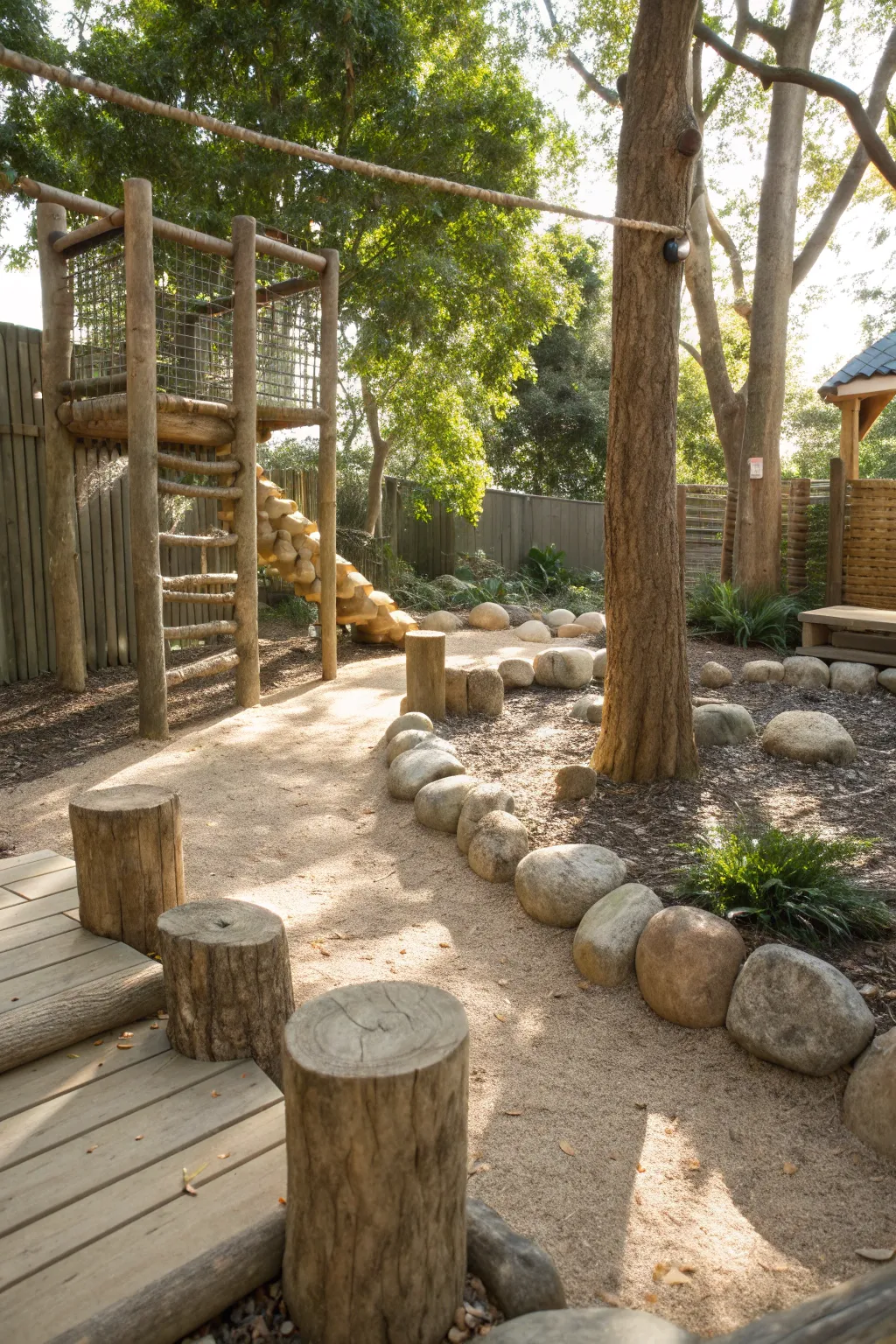 A natural garden play area with logs and stones, illuminated by soft sunlight.