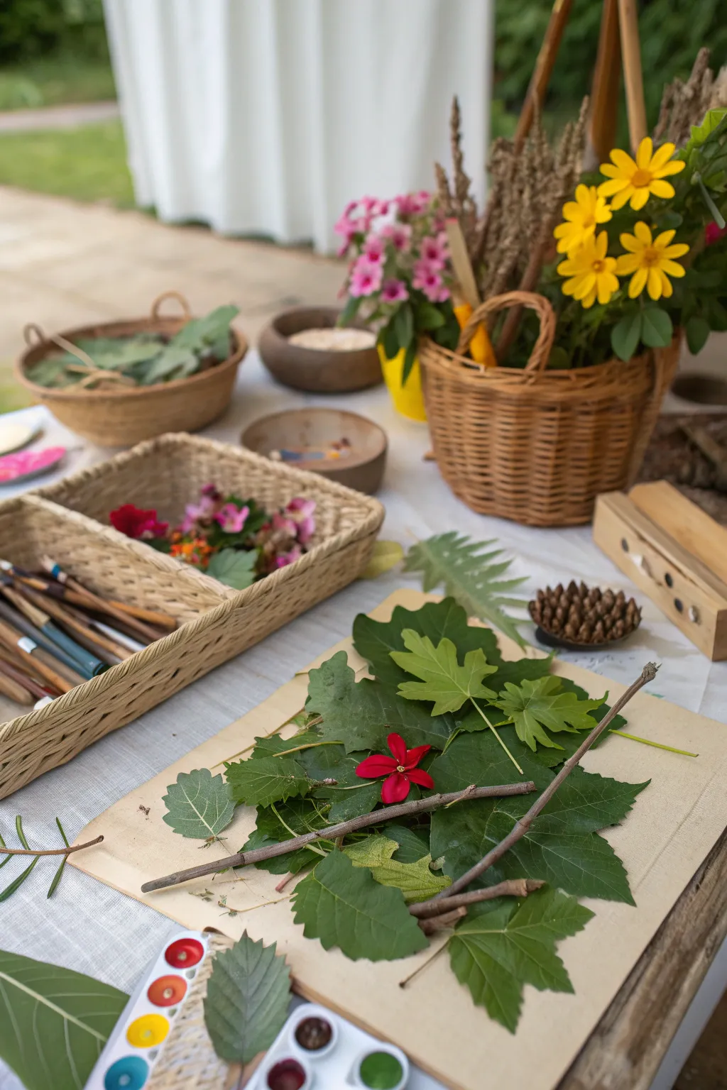 A nature art station with colorful garden finds arranged for creative activities.