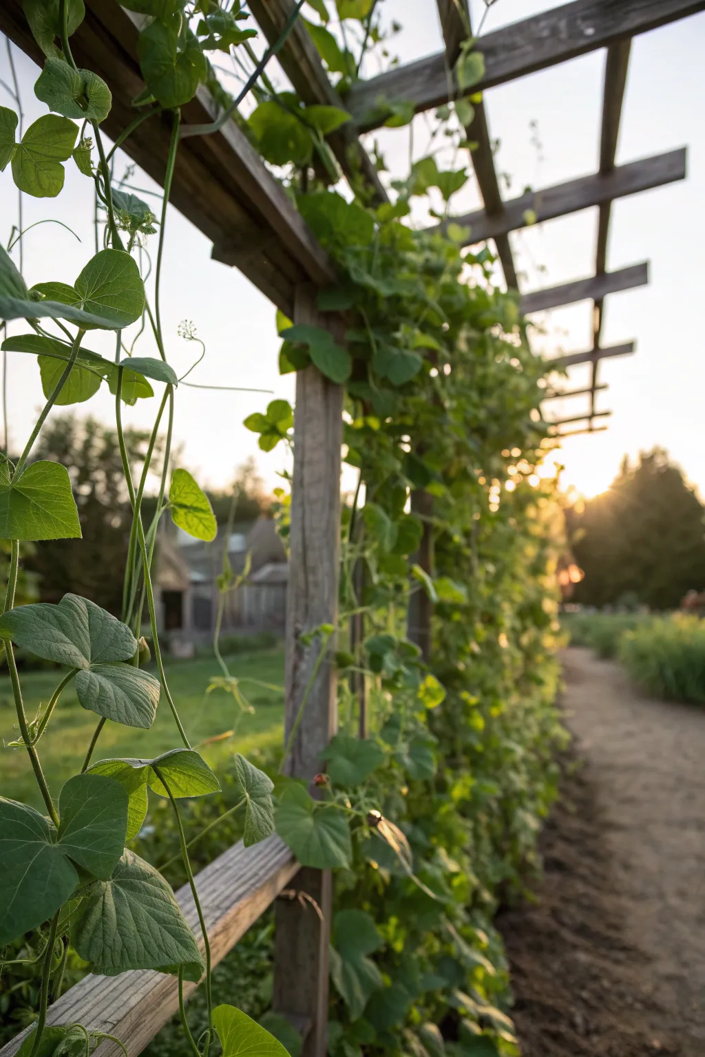 A trellis with climbing plants illuminated by soft morning light from a low angle.