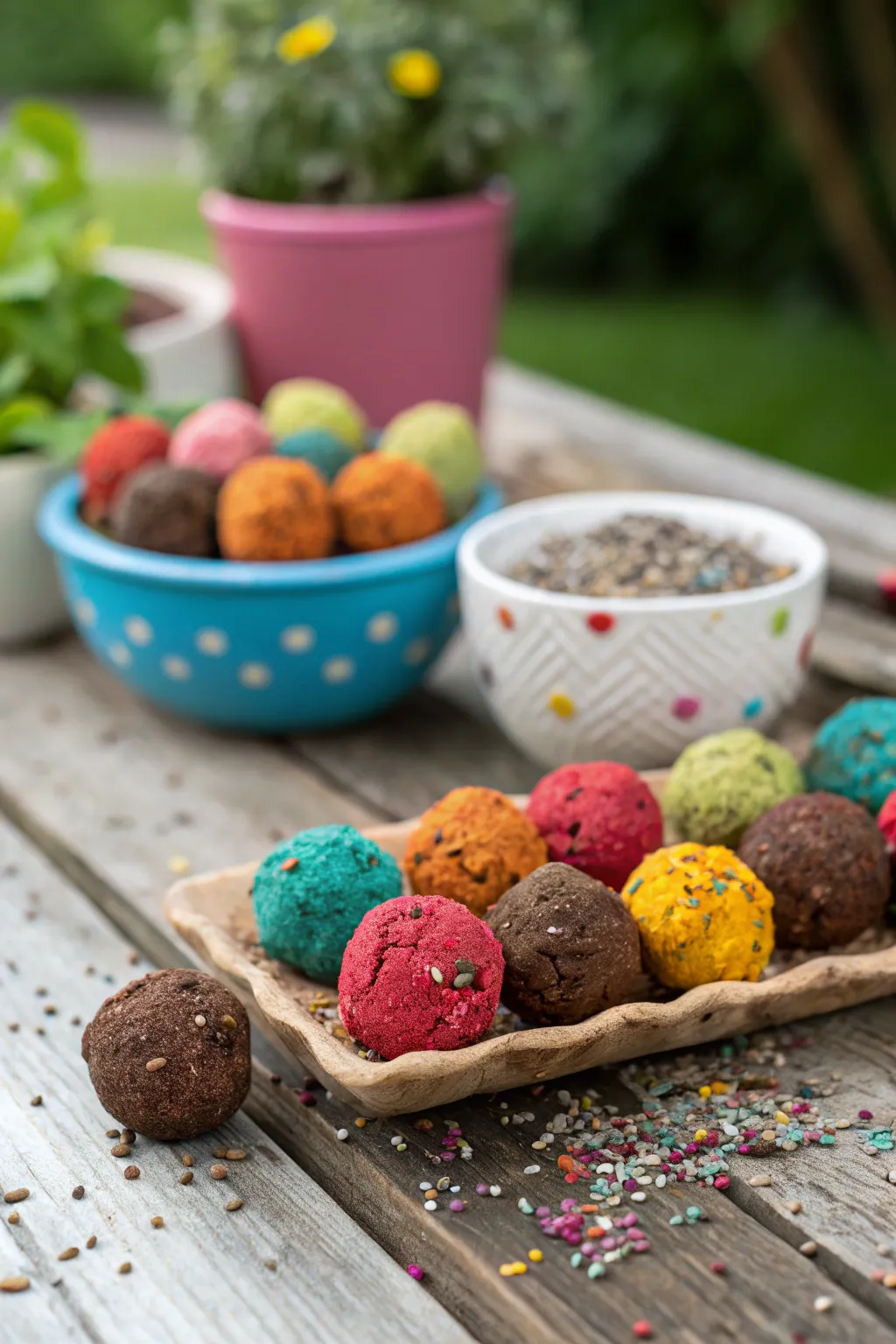 Colorful seed bombs arranged on a table, illuminated by soft natural light.
