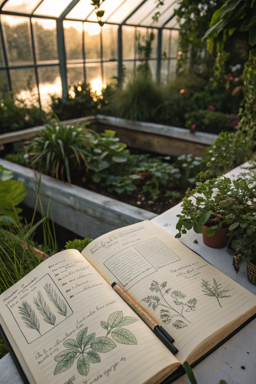 An open garden journal with drawings and notes about plants in soft lighting.