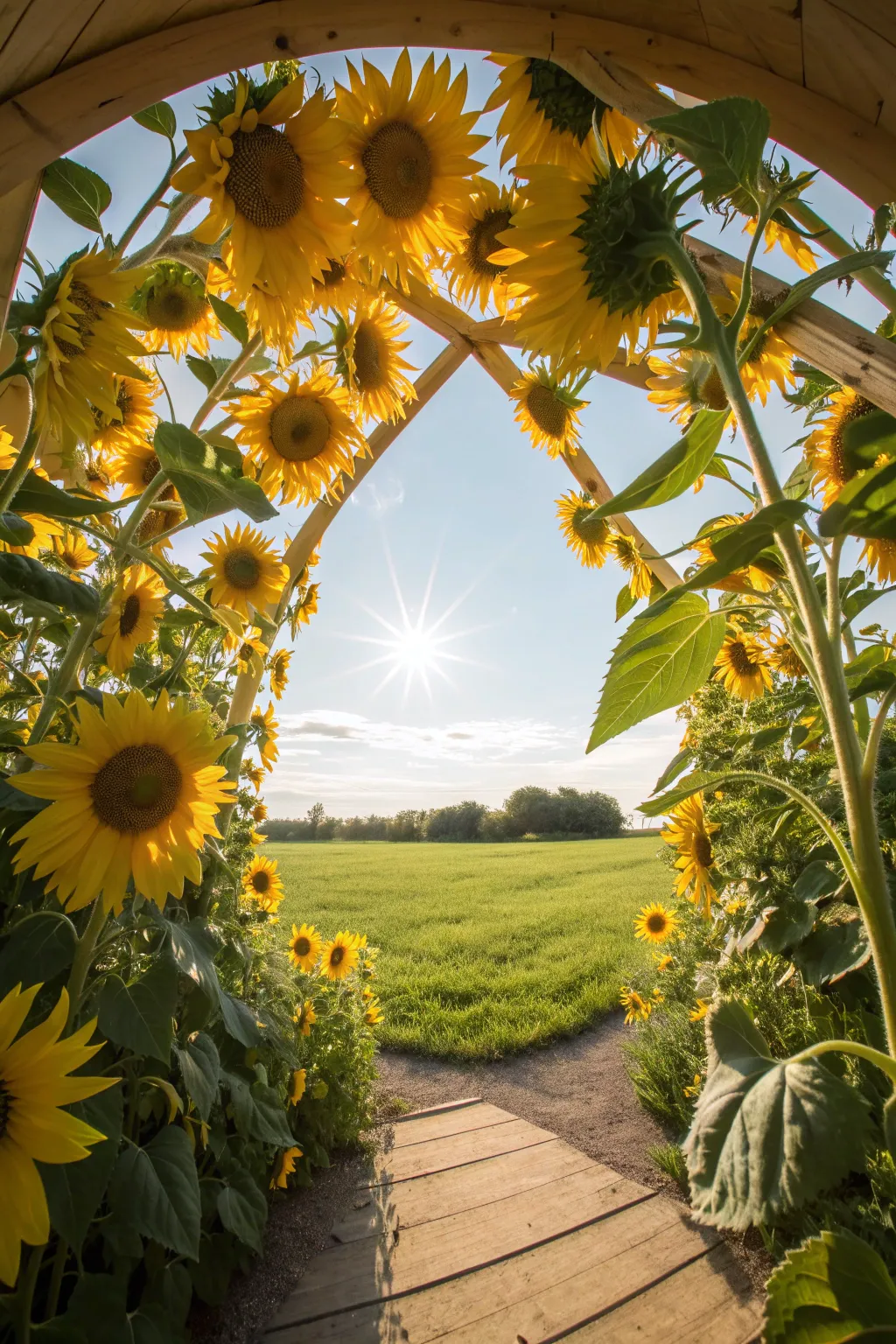 A circular garden of towering sunflowers creating a playful hideaway in sunlight.