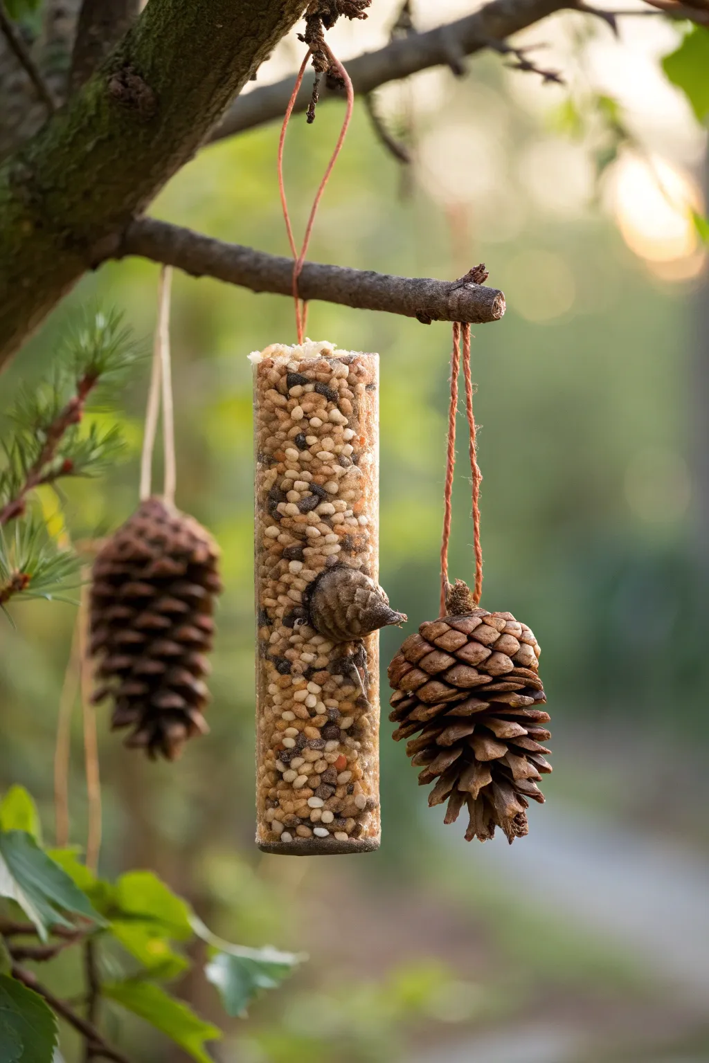 Pinecone bird feeders hanging from a branch, illuminated by soft natural light.