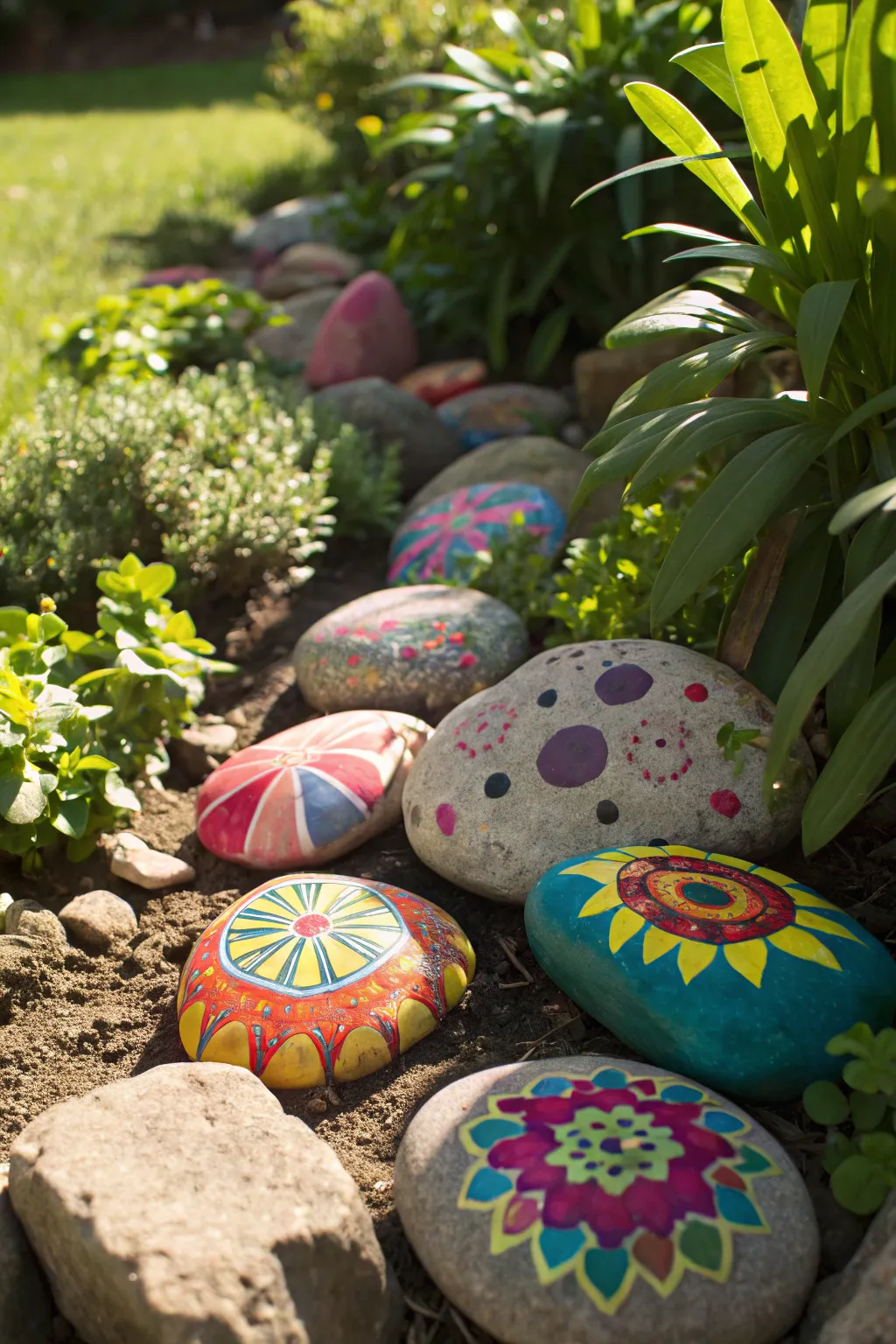 Colorfully painted rocks scattered in a garden, illuminated by bright sunlight.