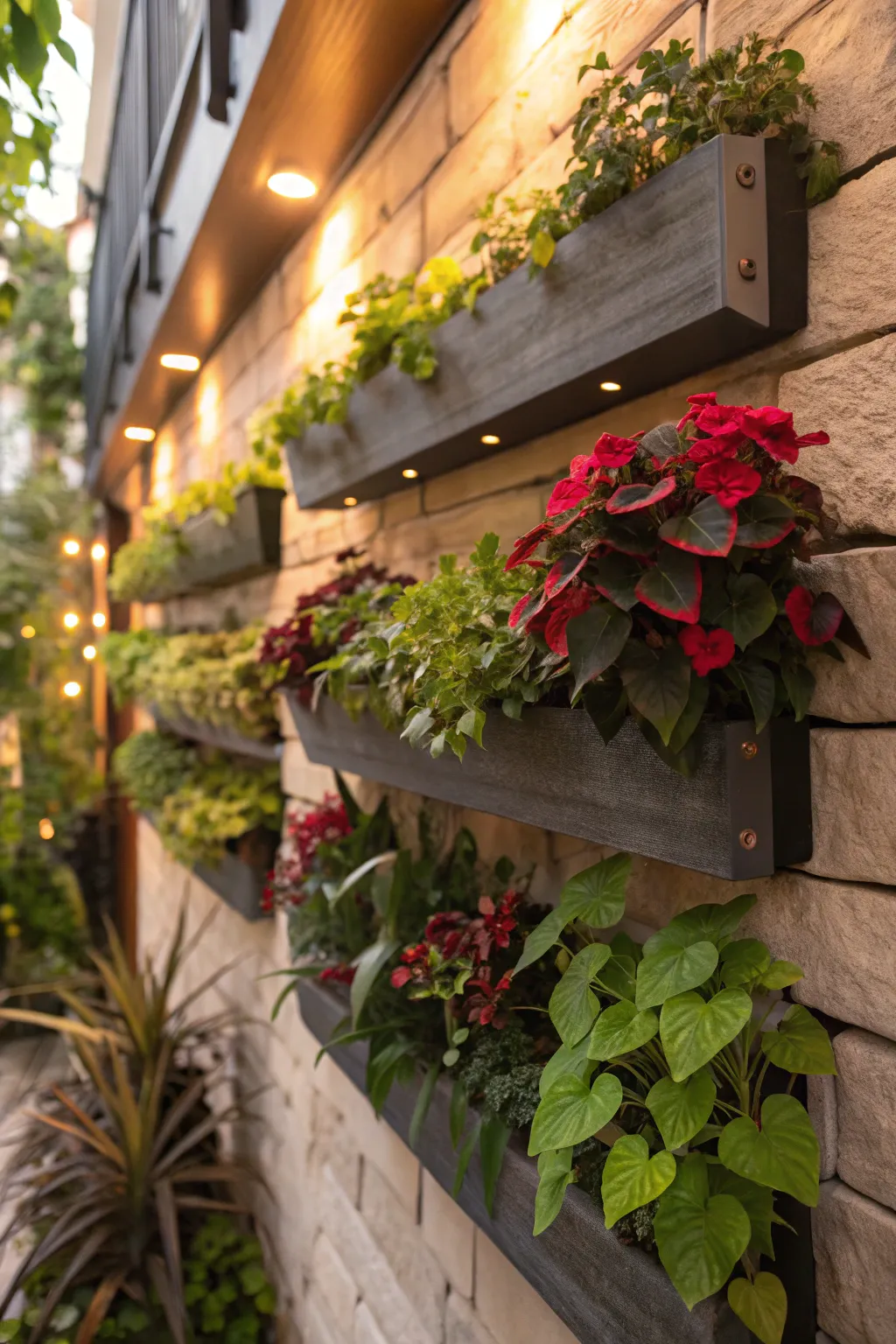 A vertical garden with wall-mounted planters filled with vibrant plants in soft lighting.