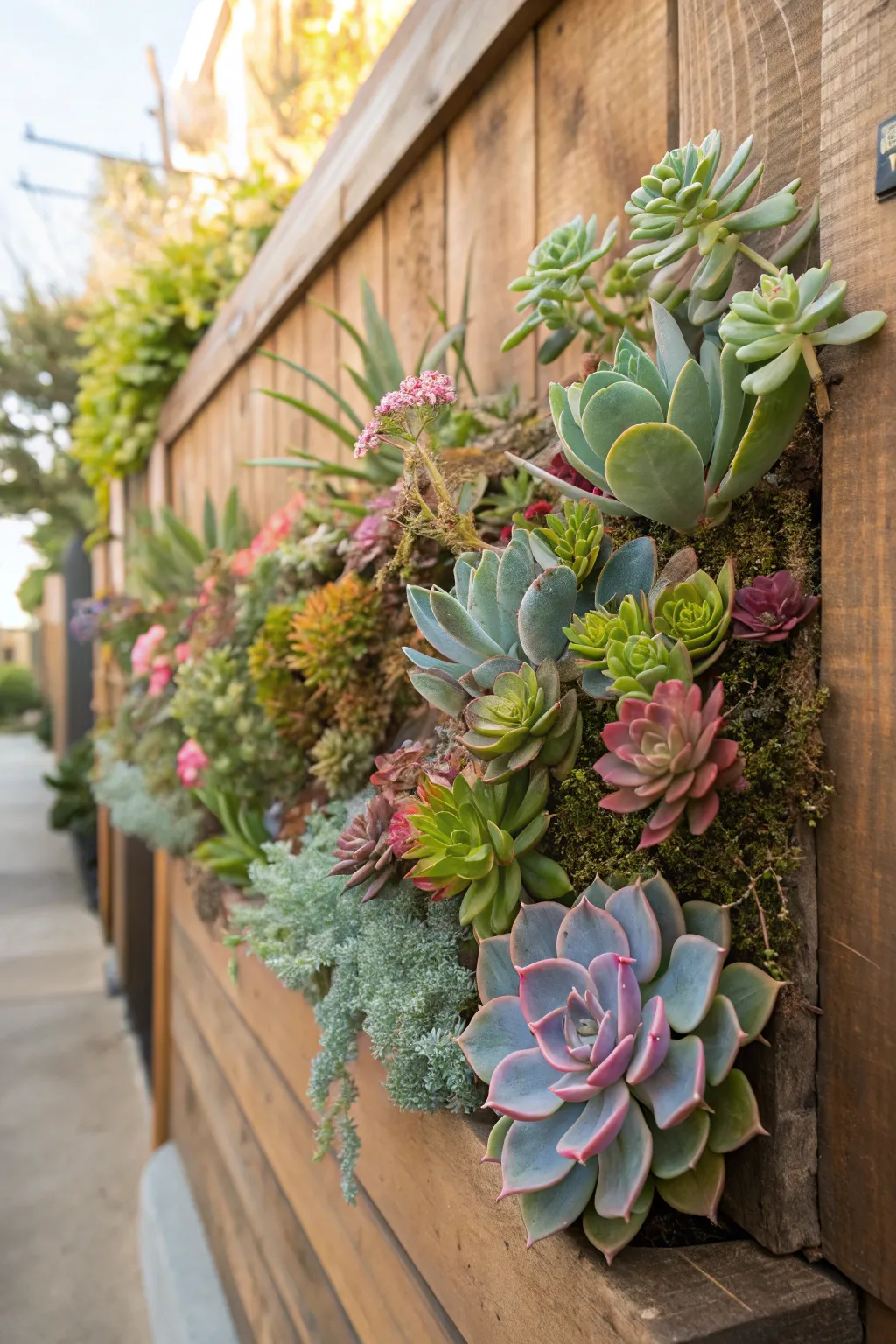 A close-up of a vertical garden showcasing colorful succulents on a rustic wooden wall.