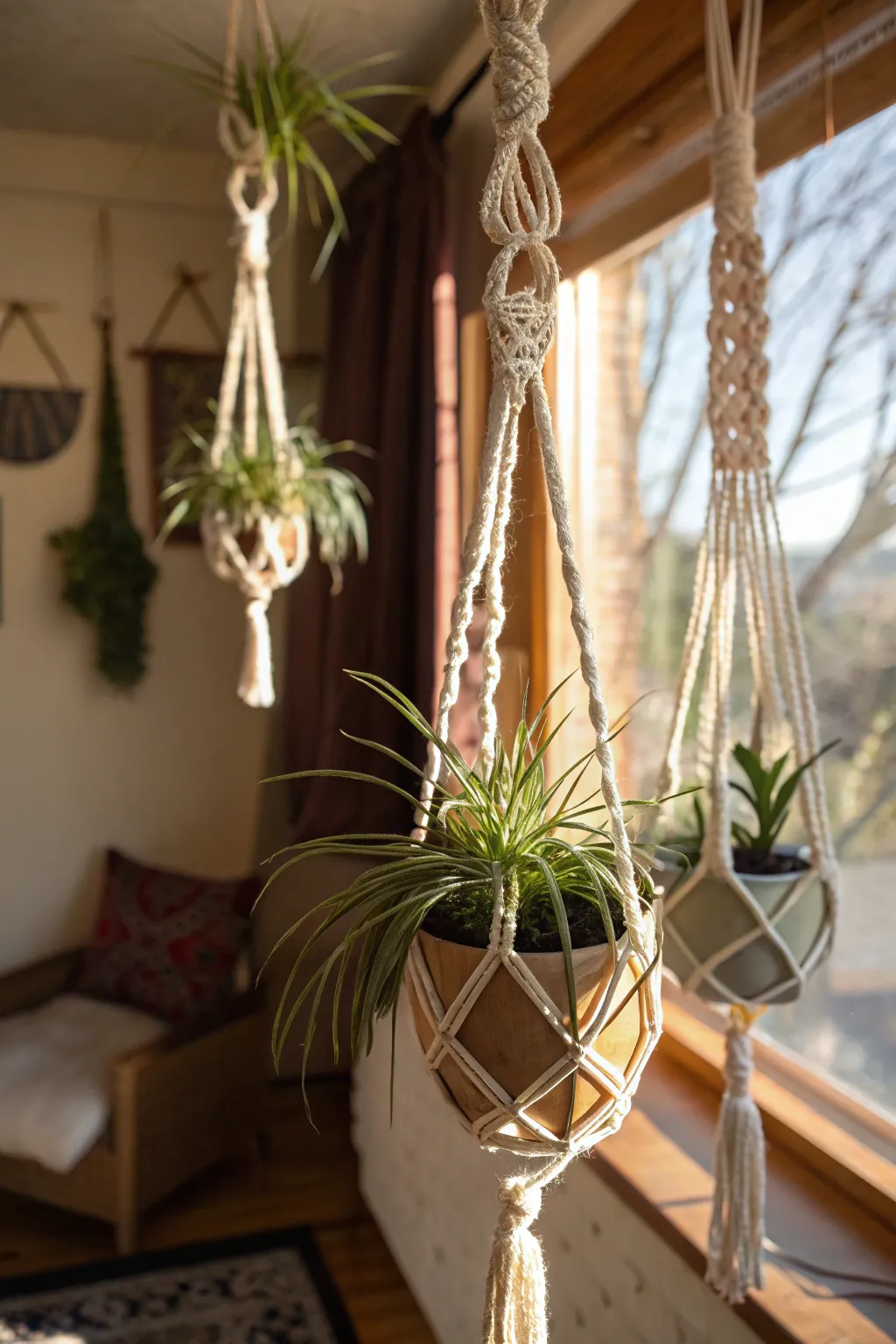 Macramé plant hangers with air plants hanging in a cozy indoor space.