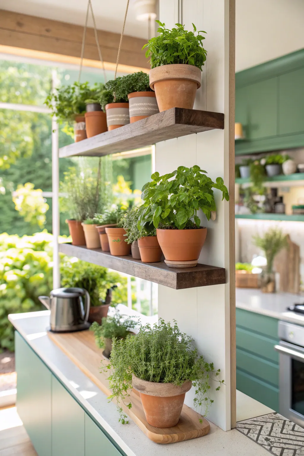 Floating shelves displaying potted herbs in a modern kitchen setting.