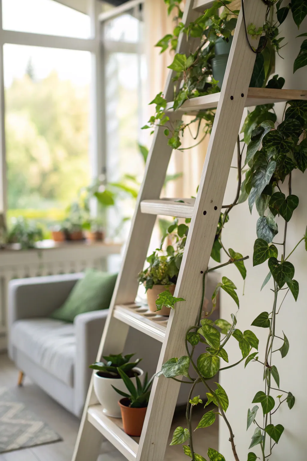 A ladder shelf adorned with climbing plants in a softly lit living space.