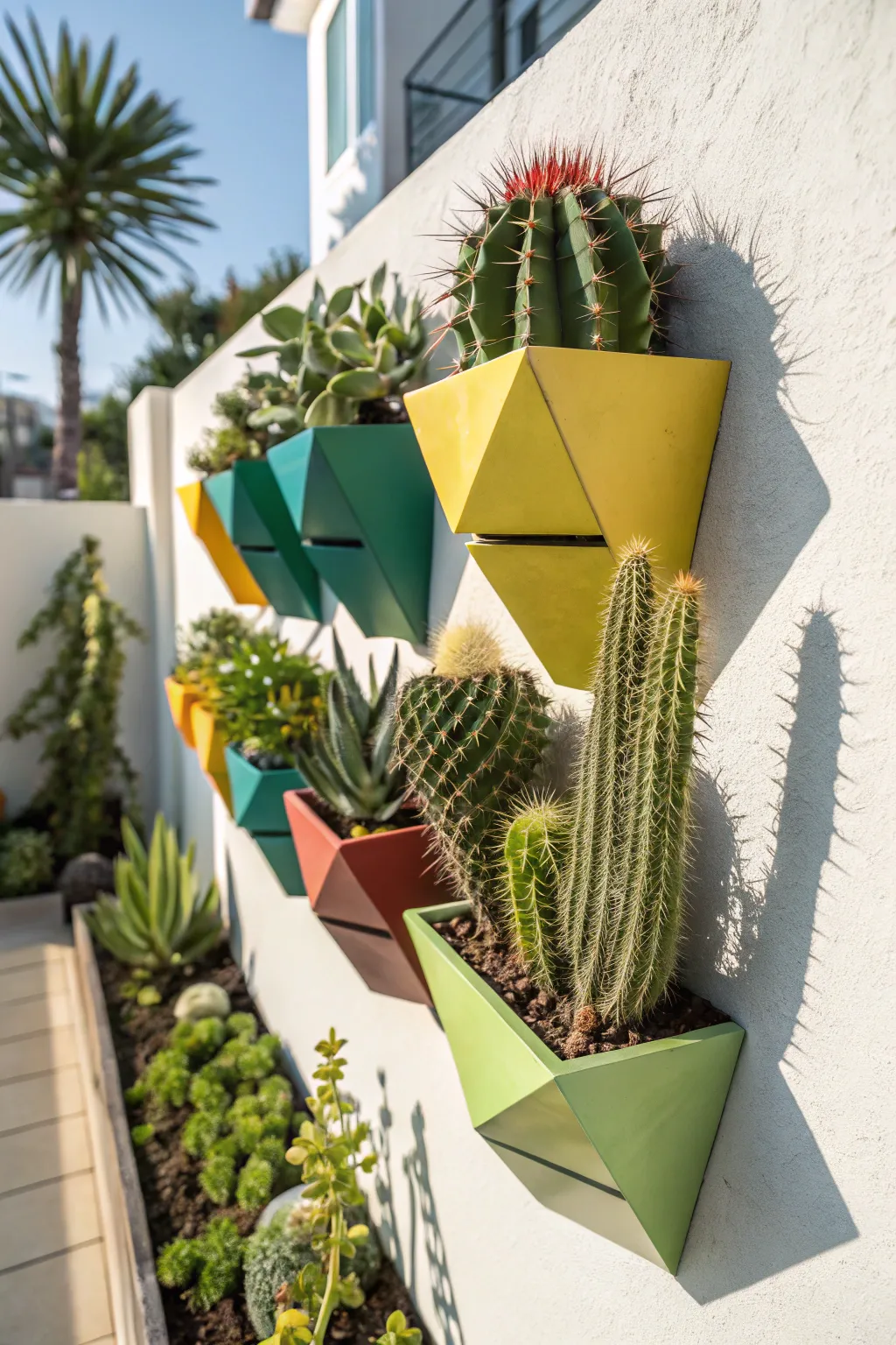 Wall-mounted geometric planters displaying vibrant cacti.