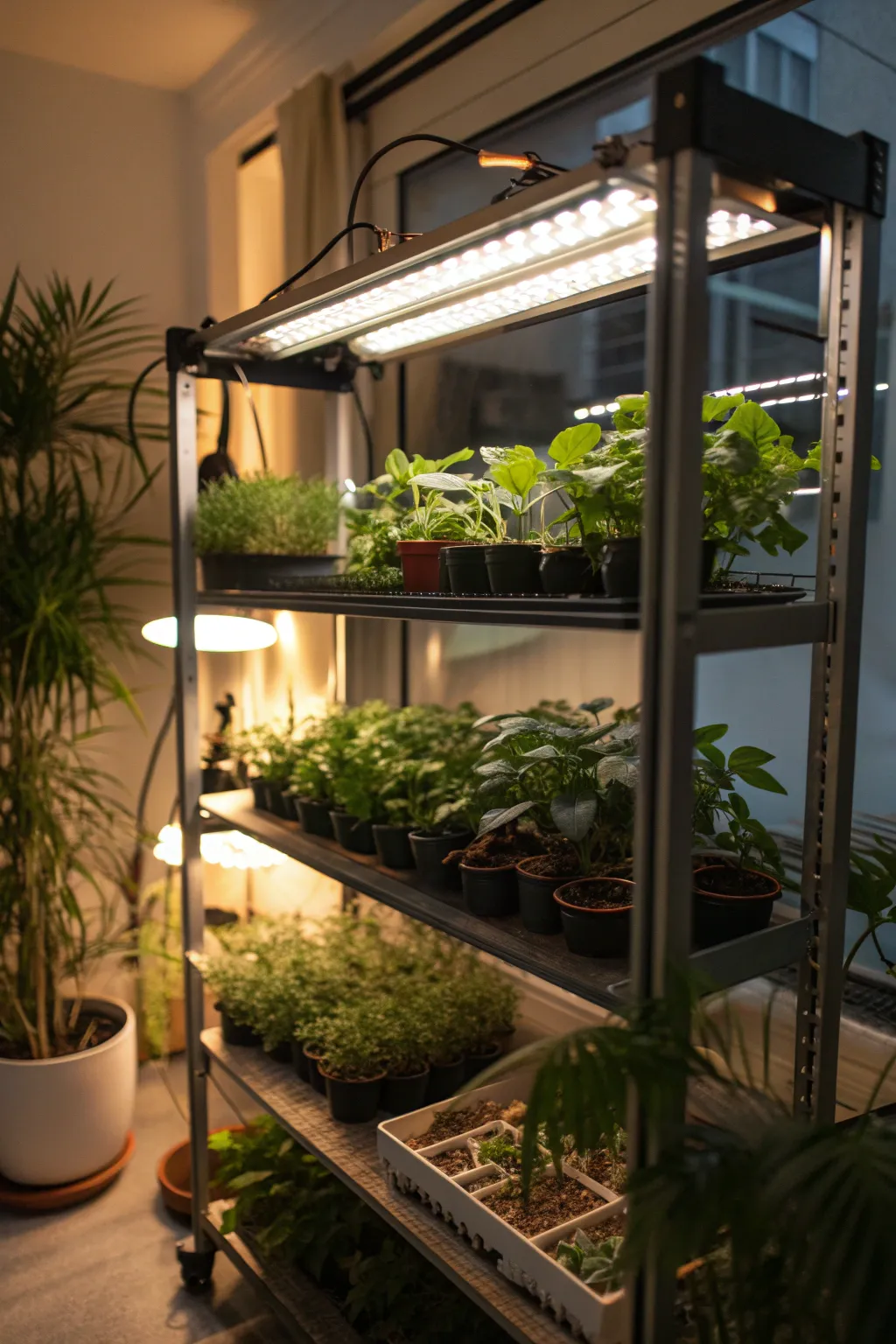 Indoor plant shelf with grow lights illuminating various plants.