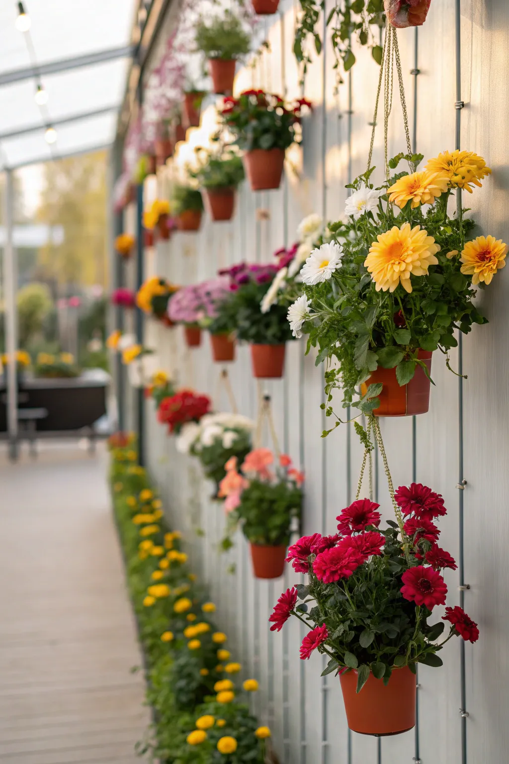 A hanging flower wall filled with colorful seasonal blooms.