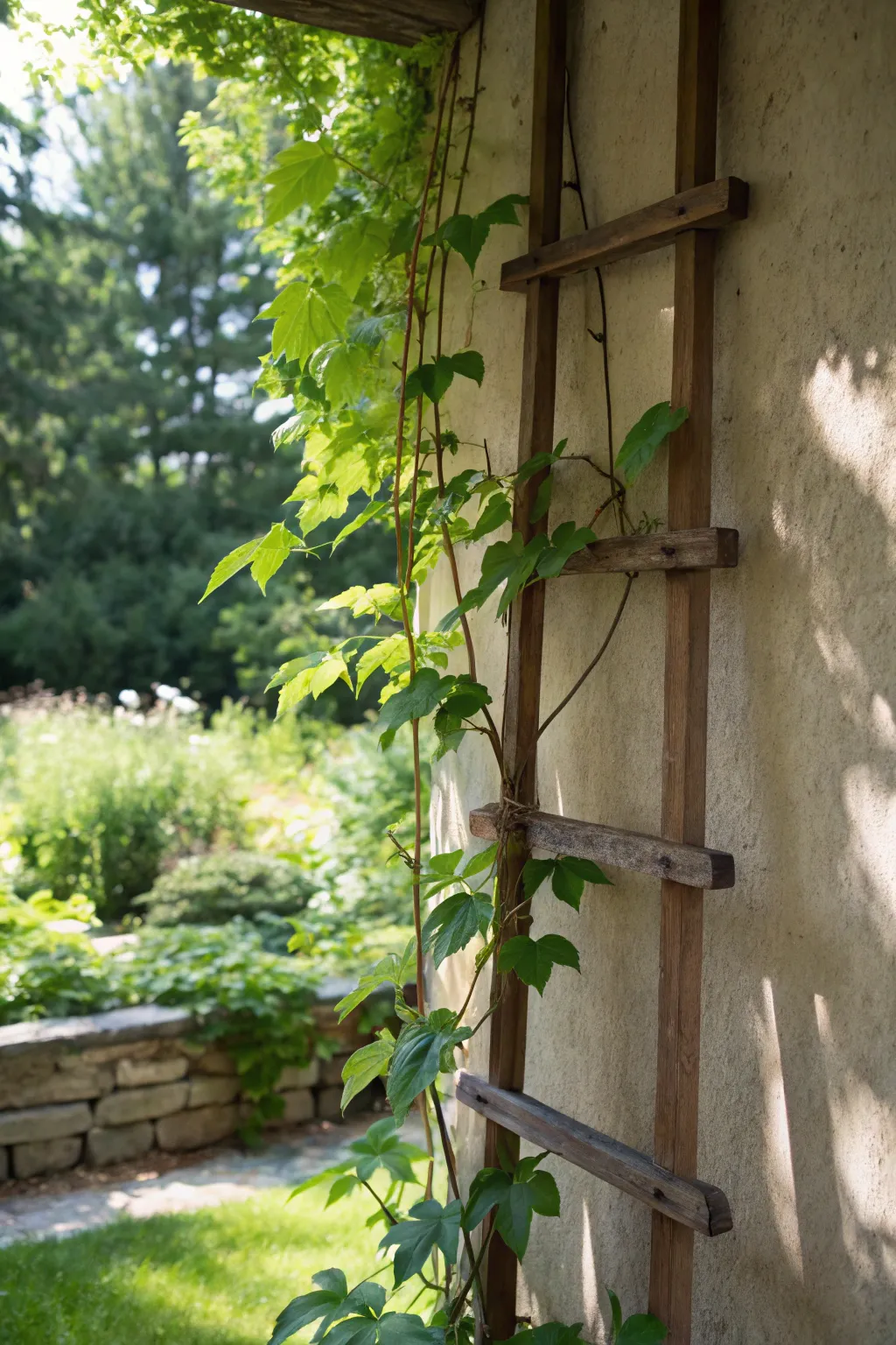A wooden trellis supporting climbing vines in a garden setting.